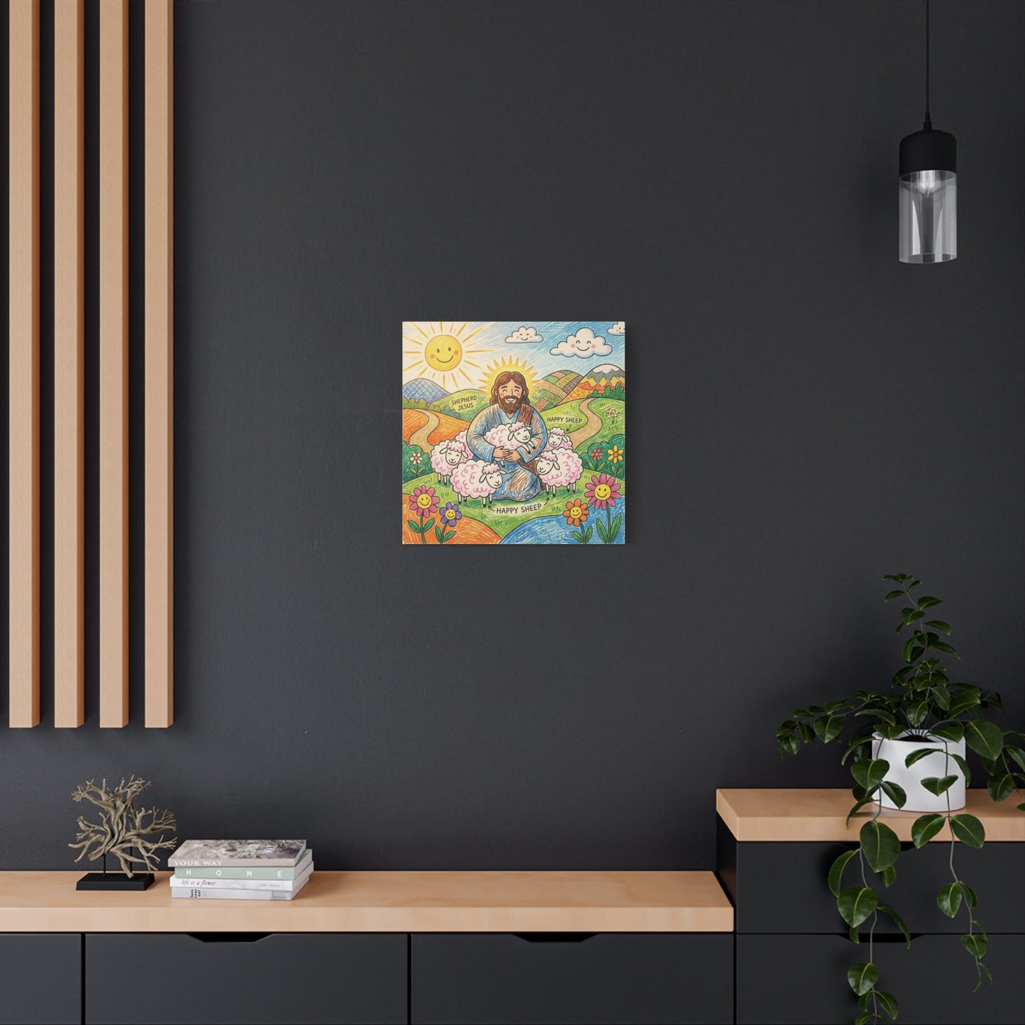 "Shepherd Jesus" "Happy Sheep" Jesus Canvas Wall Art - Christian Kids Nursery Decor, Colorful Religious Print - Matte Cotton Canvas - Playroom Bedroom Classroom Decoration - Living Room Wall Decor