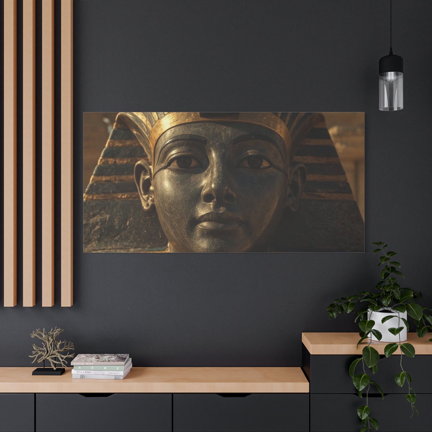Egyptian Pharaoh Canvas Wall Art - Ancient Mask Portrait, Gold Bronze Tones - Matte Cotton Print, Traditional Historical Style - Living Room Wall Decor, Office Art Accent - Bedroom Home Decoration