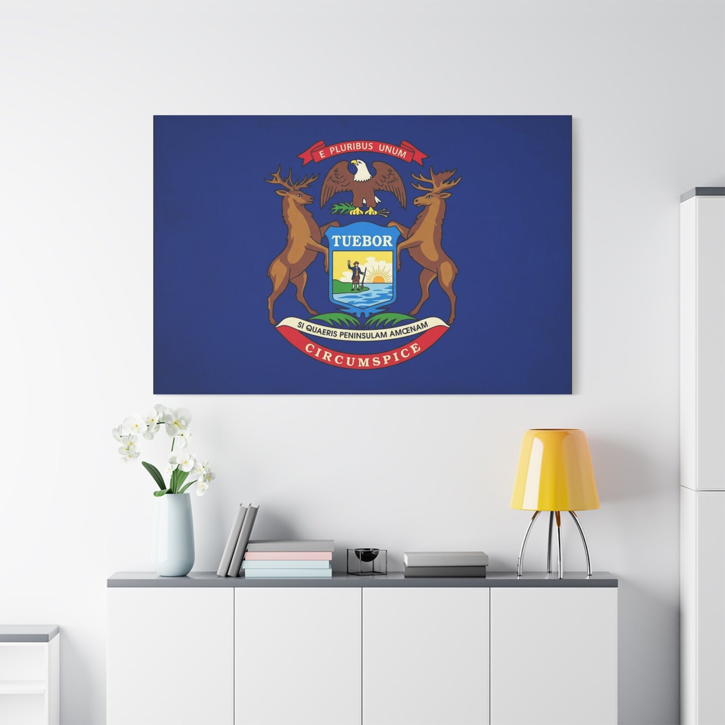 "E Pluribus Unum" Michigan State Flag Canvas Wall Art - Blue Crest With Elk Eagle And "Tuebor" - Vintage Heraldic Decor, Living Room Wall Decor, Office Art - Bedroom Home Decoration - Ready to Hang