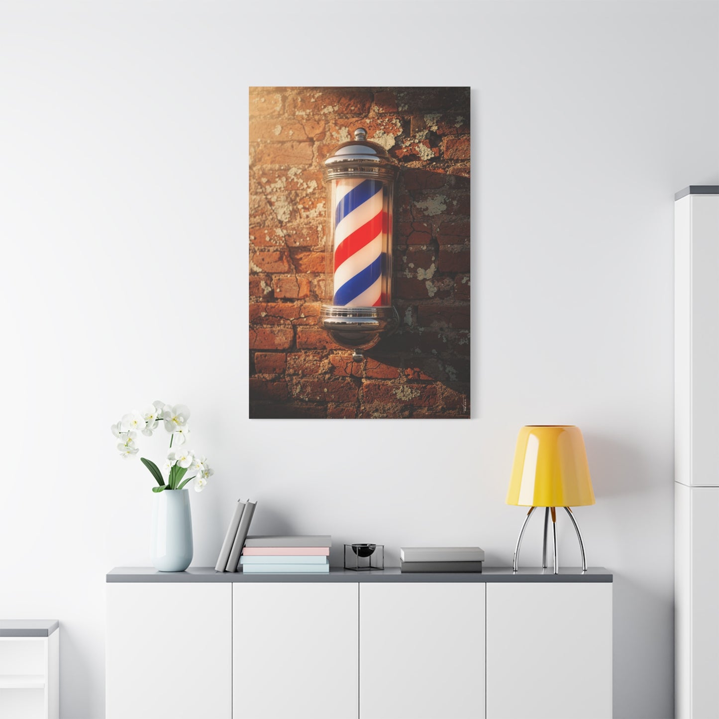 Vintage Barber Pole Canvas Wall Art - Rustic Brick Wall Art Print, Red Blue White Stripe Shop Decor - Matte Cotton Art Print - Barbershop Interior Accent, Lobby Workspace Styling - Ready to Hang
