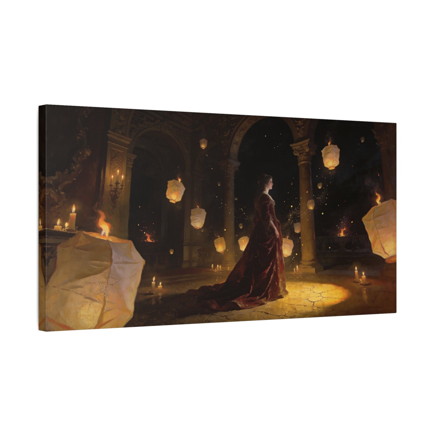 Woman In Candlelit Palace Canvas Wall Art - Floating Lantern Fantasy Scene, Dark Romantic Matte Canvas Print - Traditional Style, Living Room Wall Decor, Bedroom Home Accent - Bedroom Home Decoration