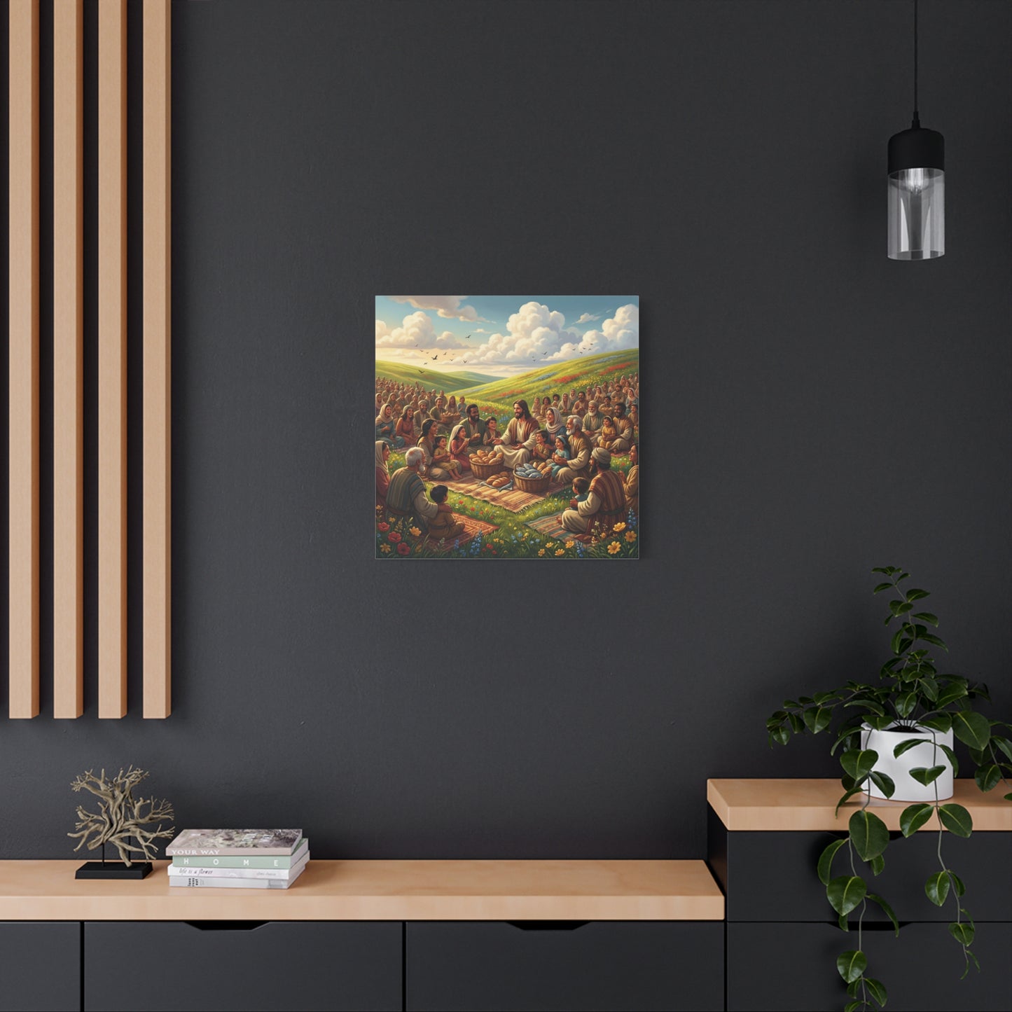 Jesus Feeding The Multitude Canvas Wall Art - Bread And Fish Biblical Scene - Meadow Landscape Christian Home Decor - Matte Cotton Print For Living Room, Bedroom, Office, Meditation Space