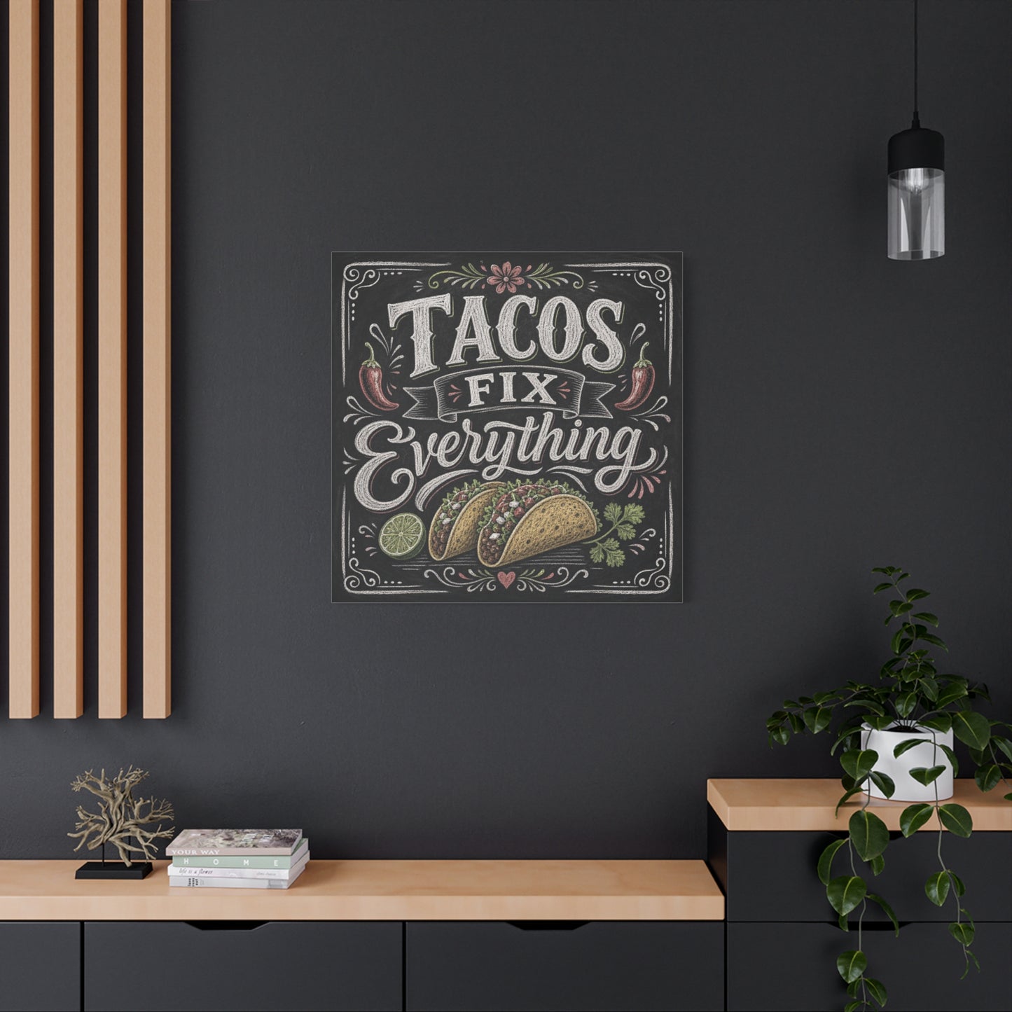 "Tacos Fix Everything" Canvas Wall Art - Chalkboard Taco Kitchen Print, Rustic Typography Decor - Matte Cotton Art Print - Farmhouse Dining Room Accent, Cafe Interior Style - Living Room Wall Decor
