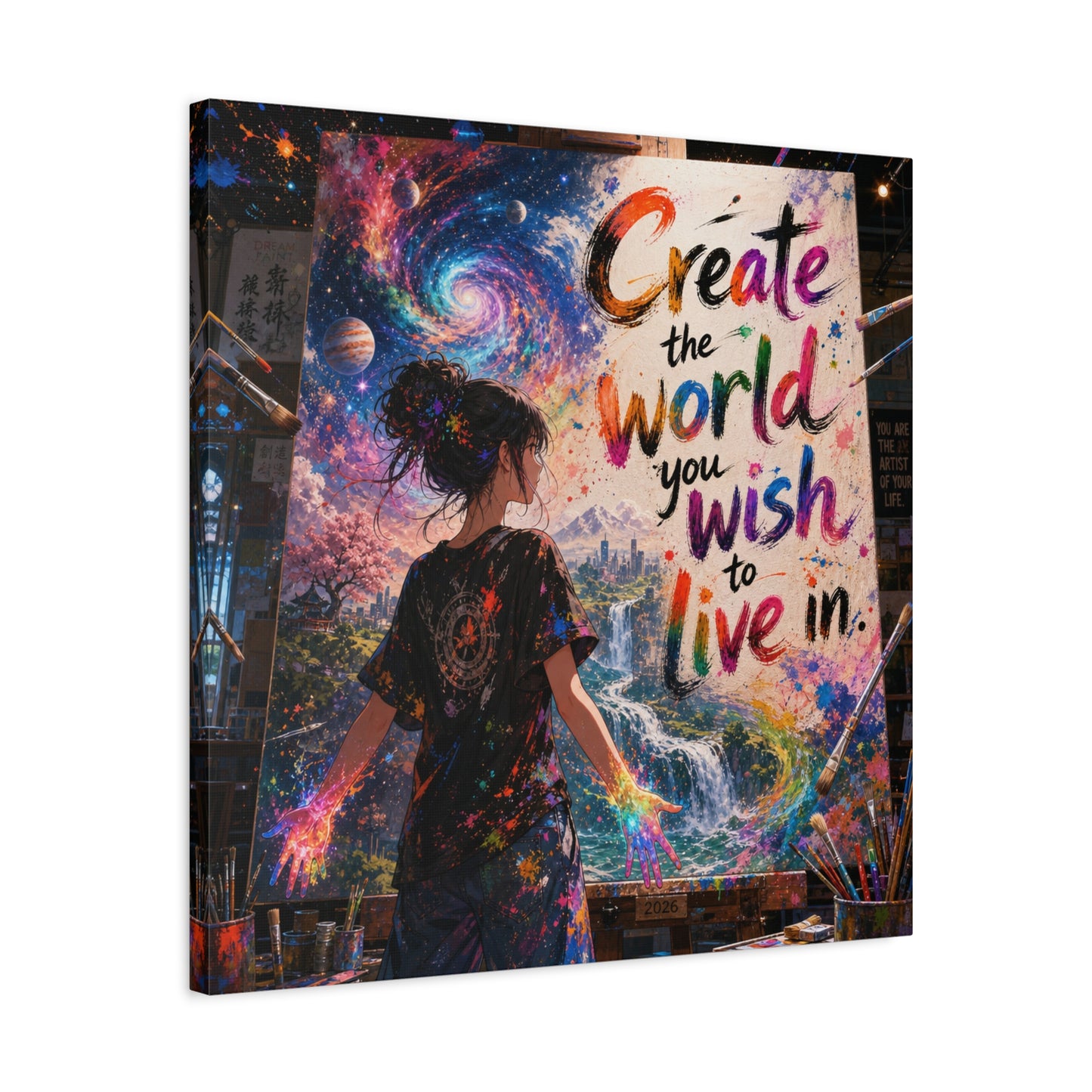 "Create The World You Wish To Live In" Inspirational Canvas Wall Art - Colorful Cosmic Artist Girl Quote Print - Modern Typography Decor - Bedroom Home Decoration, Creative Office Accent