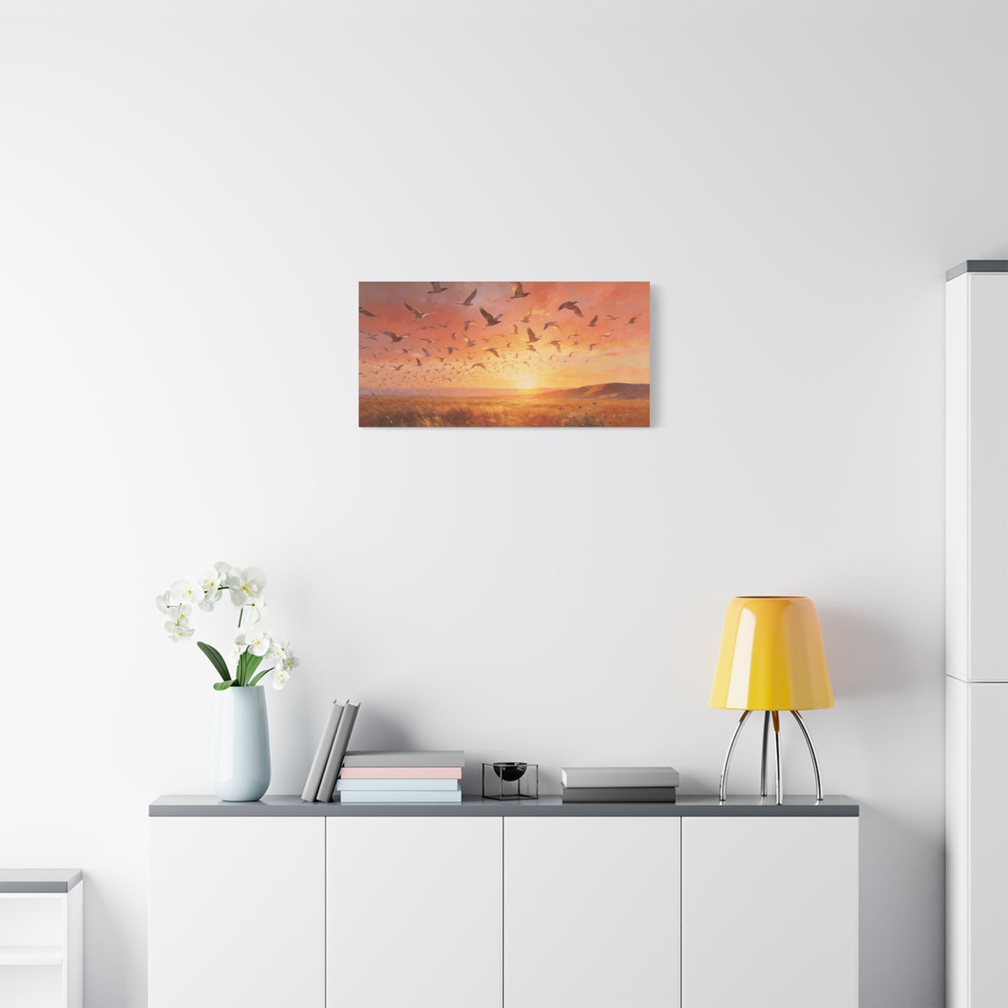Flock Of Seabirds Canvas Wall Art - Sunset Meadow Landscape Print, Warm Golden Sky, Painterly Nature Scene - Contemporary Style - Living Room Wall Decor Bedroom Decoration - Bedroom Home Decoration