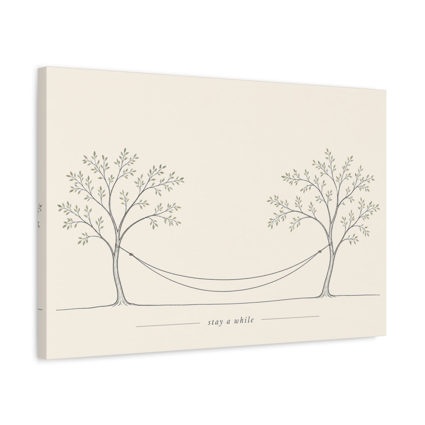 "Stay A While" Hammock Between Trees Canvas Wall Art - Minimalist Botanical Line Drawing, Neutral Beige Cotton Canvas Print - Bedroom Wall Decor, Living Room Home Decoration - Bedroom Home Decoration