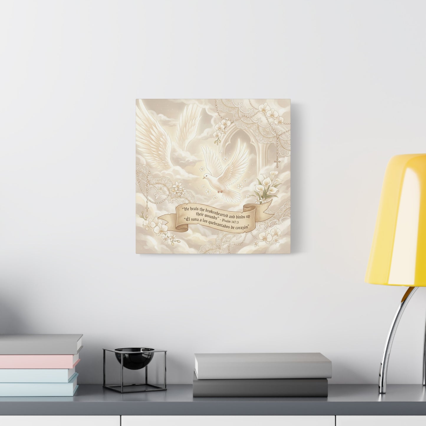 "He Heals The Brokenhearted And Binds Up Their Wounds" Canvas Wall Art - Dove, Cross, Psalm 147:3 Scripture Print - Beige Floral Christian Decor - Bedroom Living Room Home Decoration - Office Wall Art