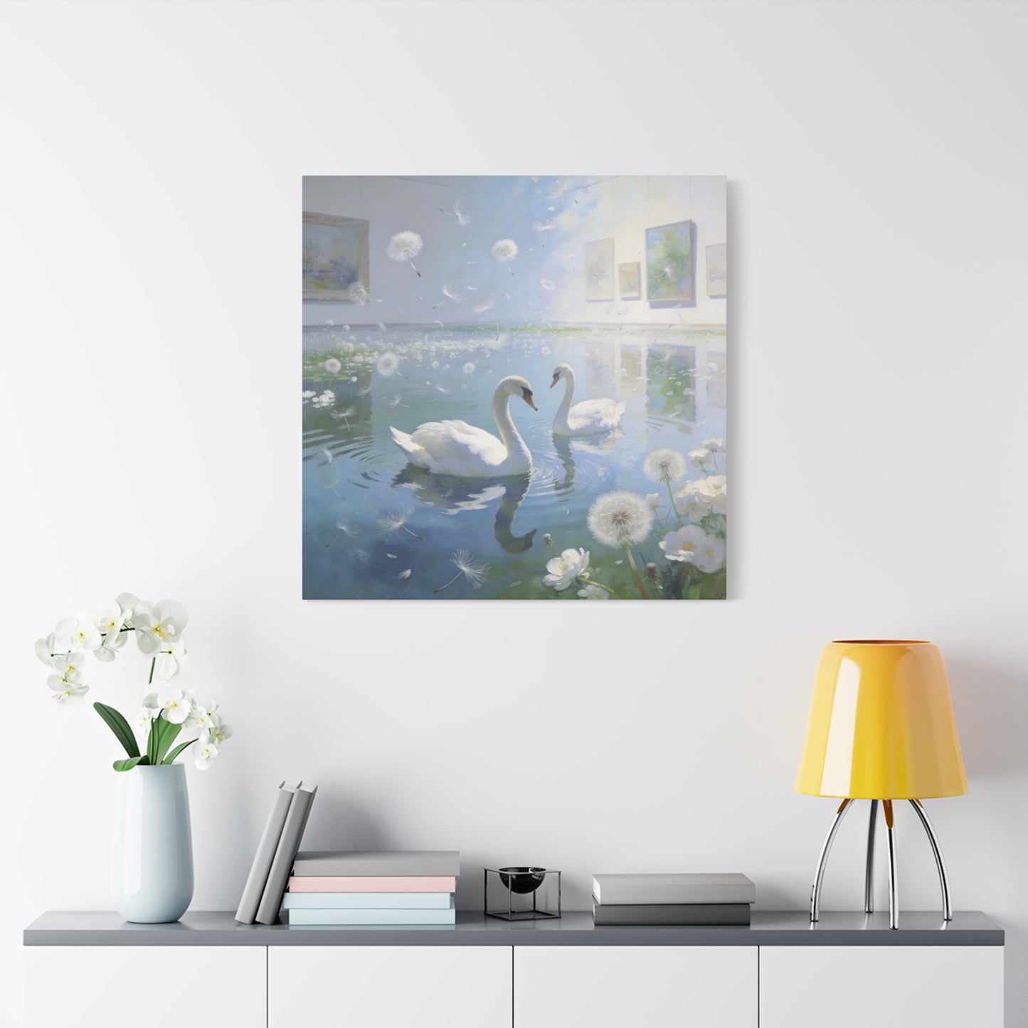 White Swan Canvas Wall Art - Serene Pond With Dandelion Seeds, Soft Blue Water Reflection - Dreamy Traditional Style - Living Room Wall Decor, Bedroom Home Decoration, Office Art - Ready to Hang
