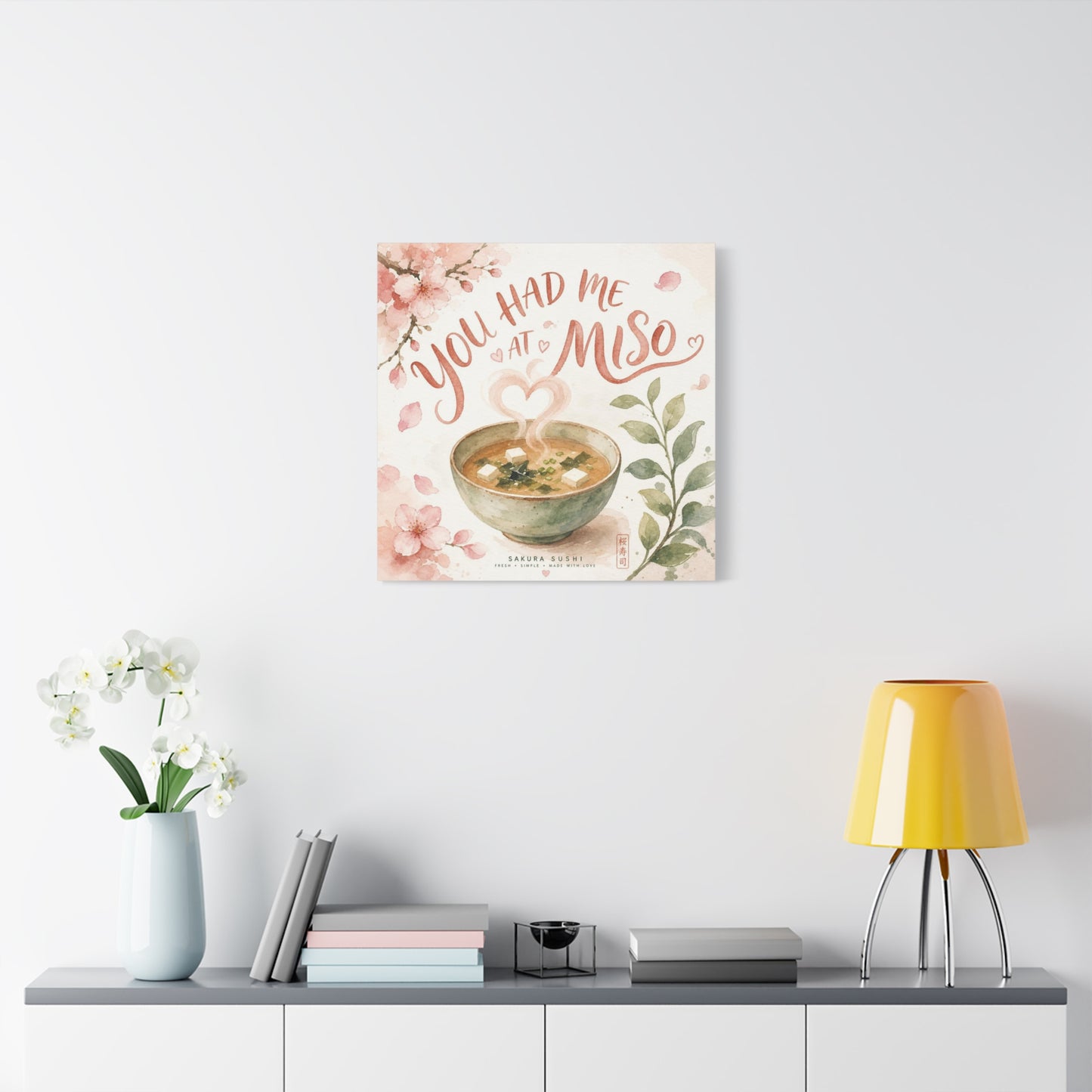 "You Had Me At Miso" Canvas Wall Art - Watercolor Soup Bowl, Cherry Blossom Typography - Japanese Food Illustration, Pink Botanical Style - Kitchen Wall Decor, Dining Room Accent - Ready to Hang