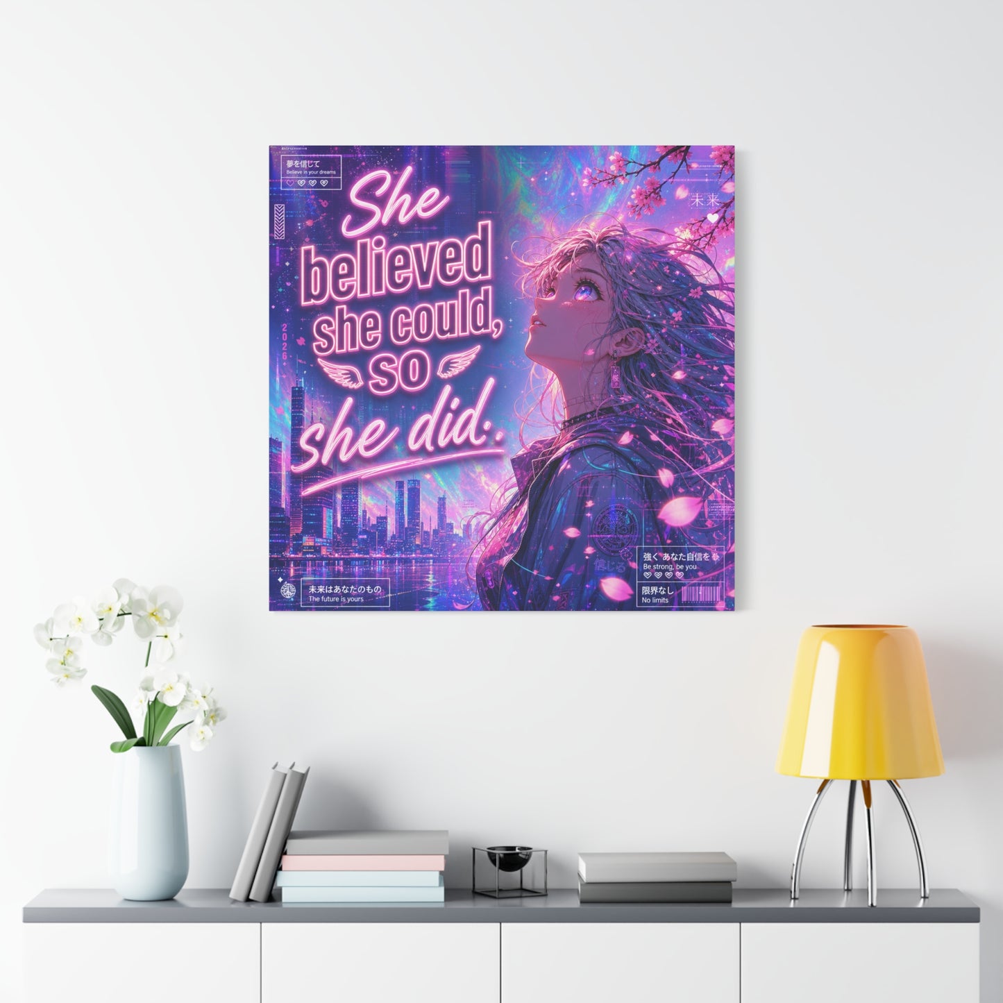 "She Believed She Could, So She Did" Anime Girl Canvas Wall Art - Neon Sakura Cityscape, Inspirational Typography Print - Contemporary Bedroom Wall Decor, Teenager Room Decor - Bedroom Home Decoration