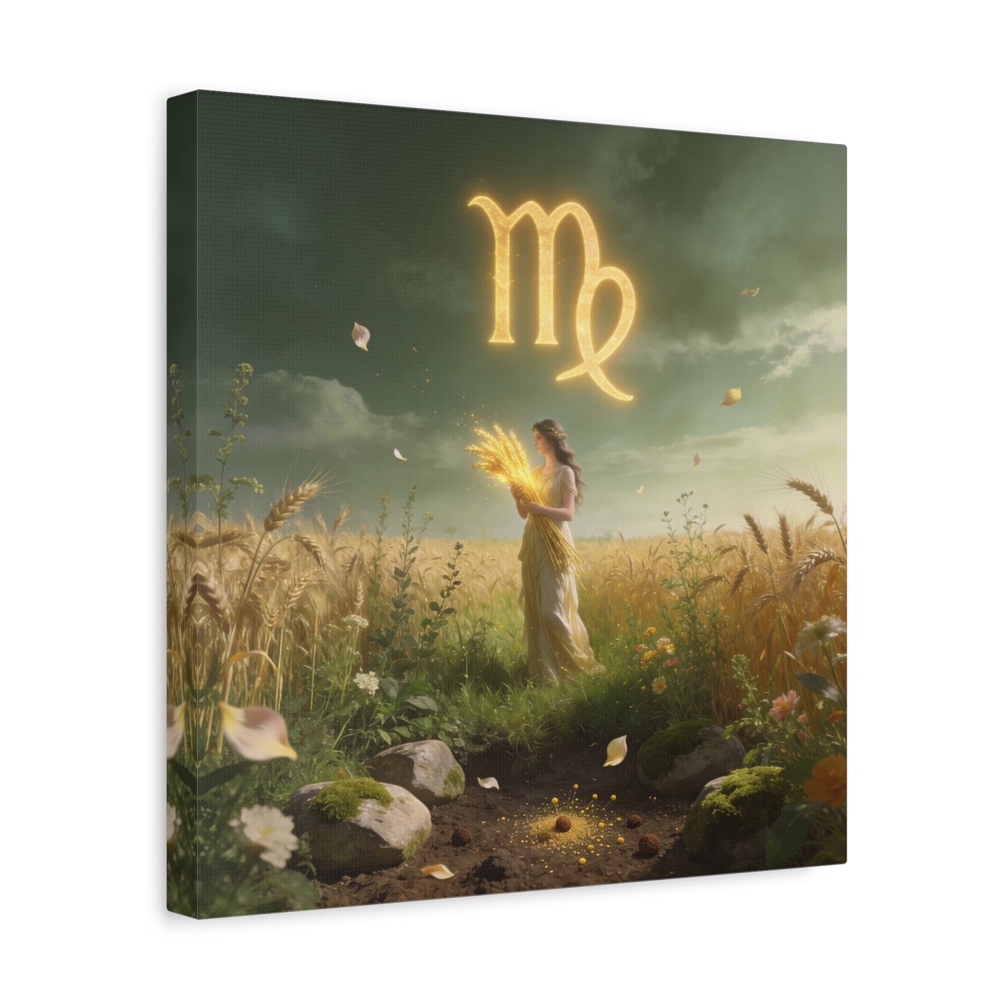 Virgo Zodiac Canvas Wall Art - Glowing Virgo Symbol, Woman In Wheat Field - Mystical Celestial Illustration, Matte Canvas Print - Bedroom Wall Decor, Meditation Space Accent - Bedroom Home Decoration