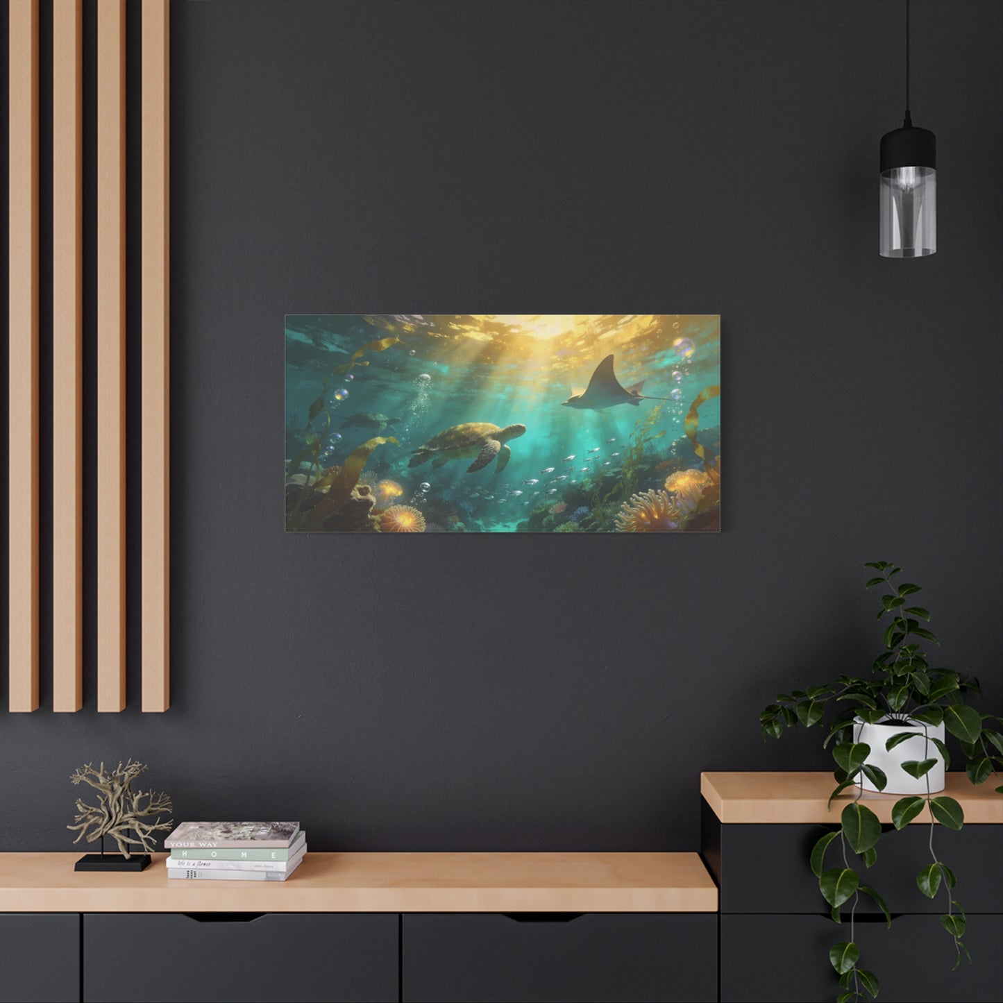Sea Turtle And Stingray Canvas Wall Art - Sunlit Underwater Ocean Scene, Coral Reef Marine Life, Matte Cotton Print - Coastal Style, Living Room Wall Decor, Bedroom Home Decoration - Ready to Hang