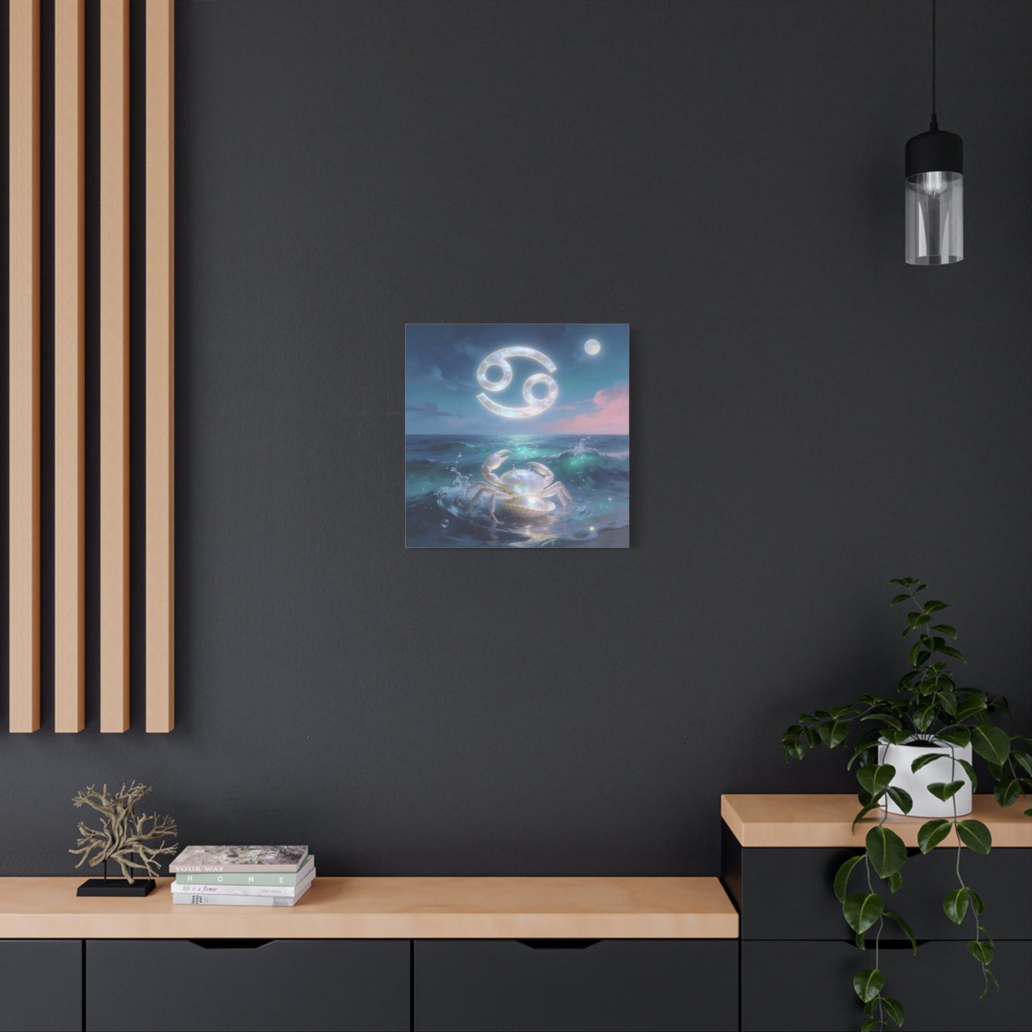 Cancer Zodiac Canvas Wall Art - Moonlit Ocean Crab, Iridescent Shell Symbol - Coastal Celestial Print, Dreamy Blue Seascape - Bedroom Home Decoration, Living Room Wall Decor - Bedroom Home Decoration