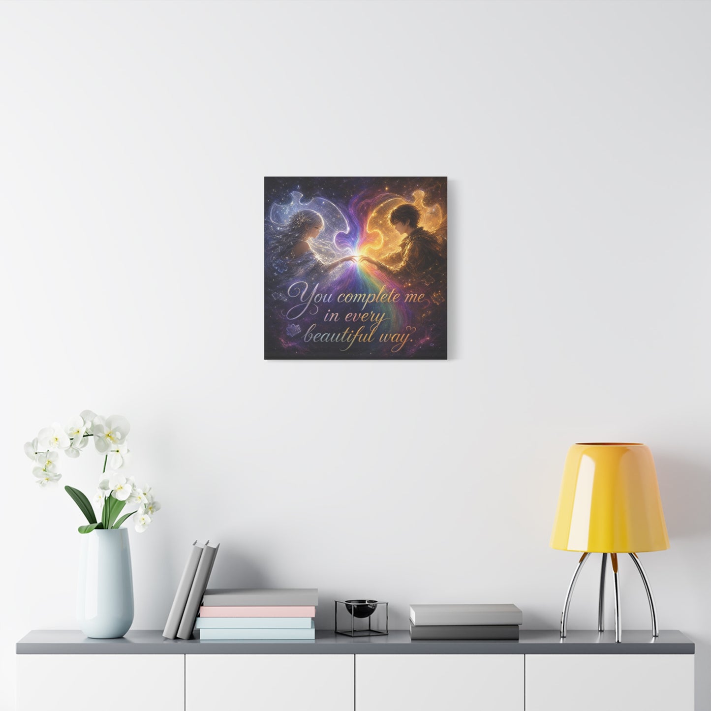 "You Complete Me In Every Beautiful Way" Romantic Couple Canvas Wall Art - Celestial Puzzle Soulmate Quote Print, Fantasy Love Decor - Bedroom Wall Hanging - Ready to Hang - Bedroom Home Decoration