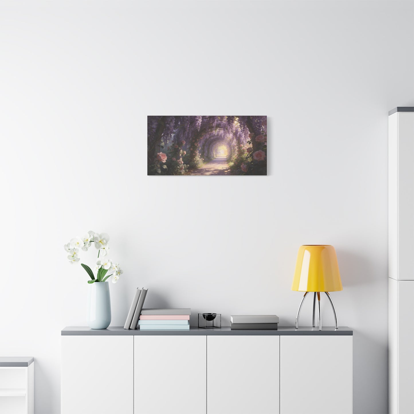 Wisteria Rose Garden Path Canvas Wall Art - Dreamy Floral Tunnel, Luminous Painterly Scene - Gallery Wrapped Cotton Print - Bedroom Wall Decor, Bohemian Home Accent - Bedroom Home Decoration