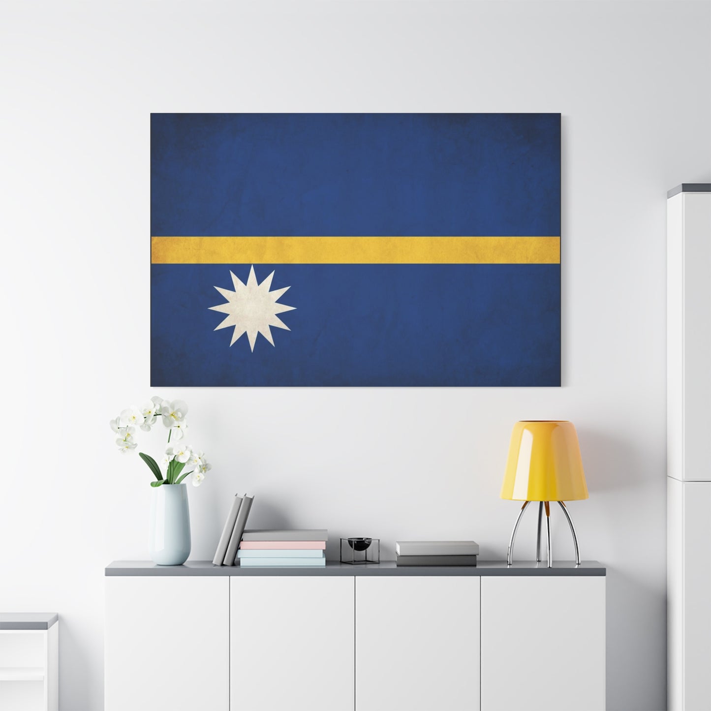 Nauru Flag Canvas Wall Art - Blue Field, Gold Stripe, White Star - Vintage National Pride Print - Coastal Style Living Room Decor, Bedroom Home Decoration - Living Room Wall Decor - Ready to Hang