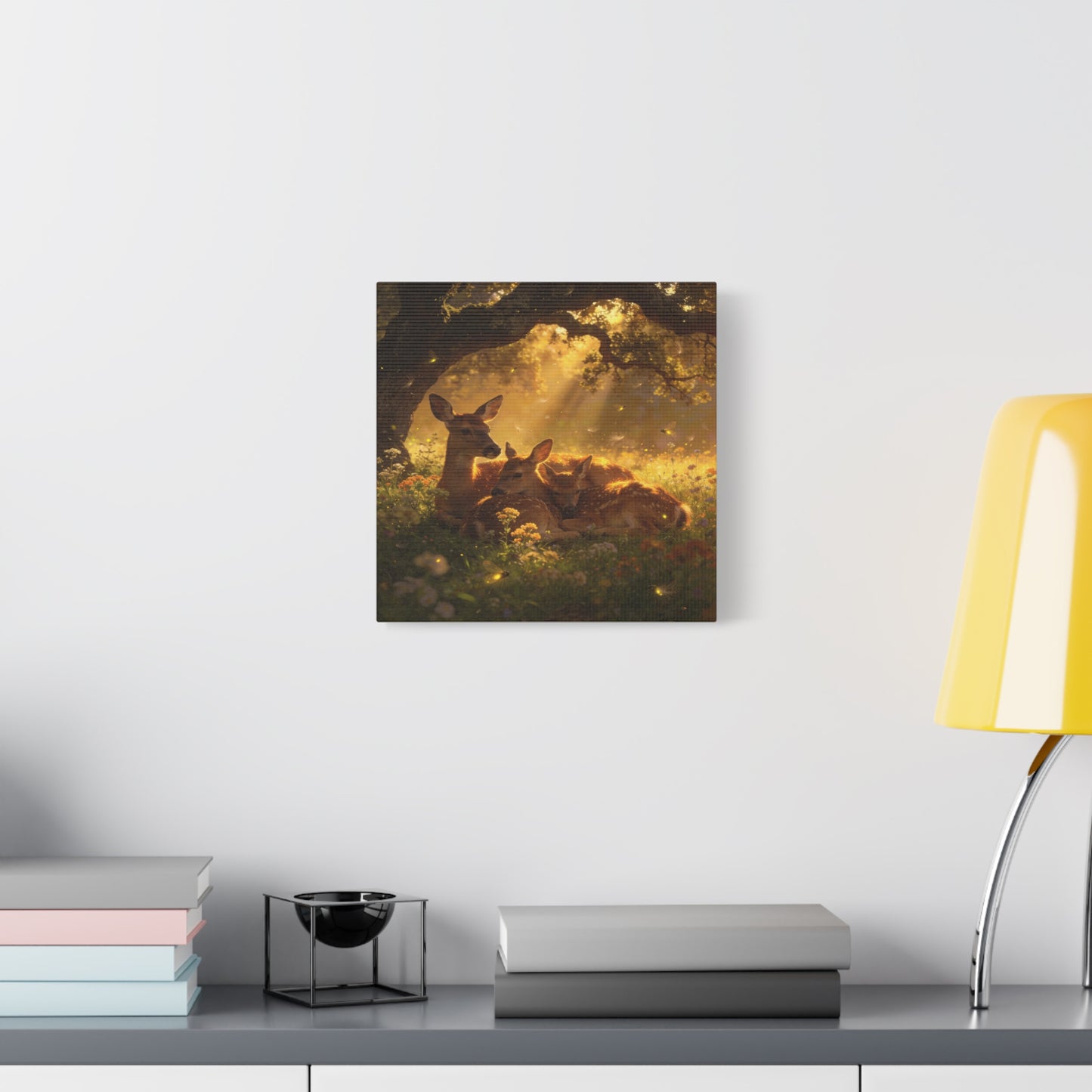 Doe And Fawns Canvas Wall Art - Woodland Deer Family In Golden Light, Whimsical Nature Scene - Matte Finish Cotton Print - Rustic Traditional Style - Bedroom Wall Decor - Bedroom Home Decoration