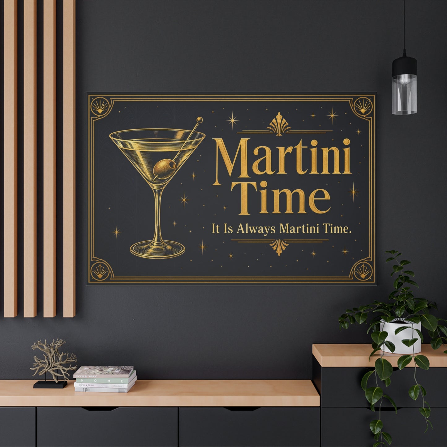 "Martini Time" Cocktail Canvas Wall Art - Art Deco Martini Glass Quote Print, Black And Gold Bar Cart Decor, Vintage Lounge Style - Ready to Hang - Ready to Hang - Tavern Wall Decor - HP Latex Print