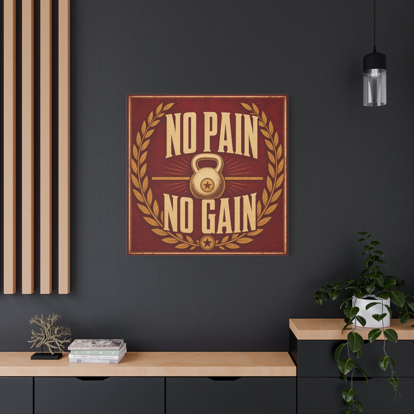 "No Pain No Gain" Kettlebell Canvas Wall Art - Vintage Gym Quote Decor, Rustic Typography Print, Motivational Fitness Poster Style - Room Decoration - Ready to Hang - Gym Wall Decor - HP Latex Print