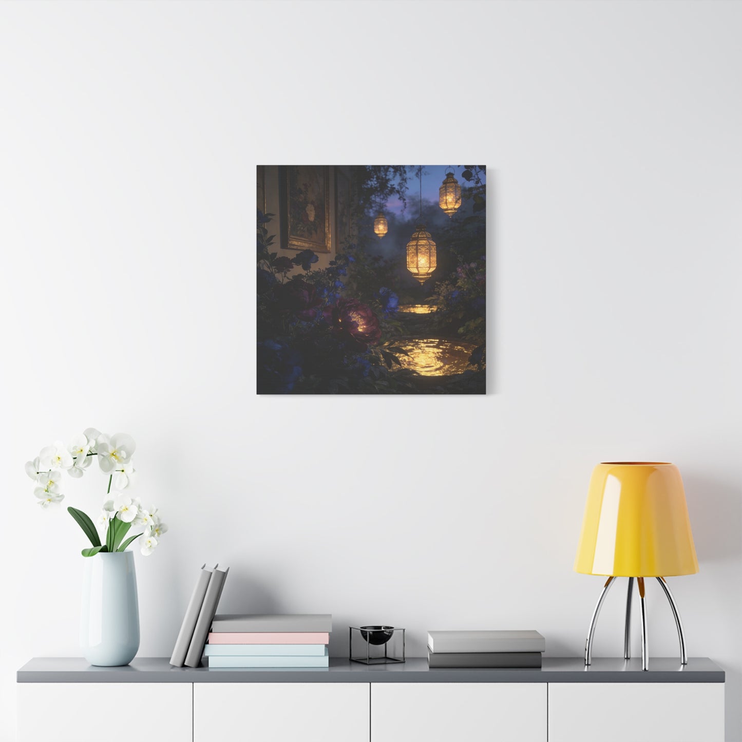 Lantern Garden Canvas Wall Art - Twilight Floral Courtyard, Glowing Water Reflections - Moody Botanical Night Scene, Matte Canvas Print - Bedroom Wall Decor, Living Room Accent - Cozy Reading Nook Art