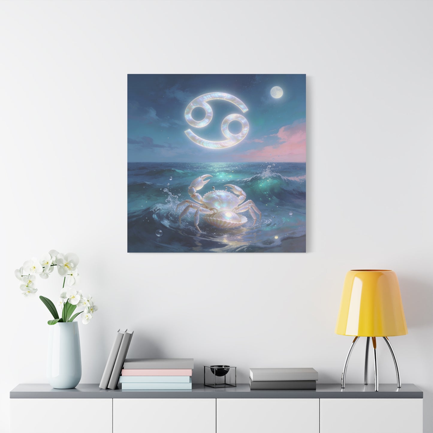 Cancer Zodiac Canvas Wall Art - Moonlit Ocean Crab, Iridescent Shell Symbol - Coastal Celestial Print, Dreamy Blue Seascape - Bedroom Home Decoration, Living Room Wall Decor - Bedroom Home Decoration