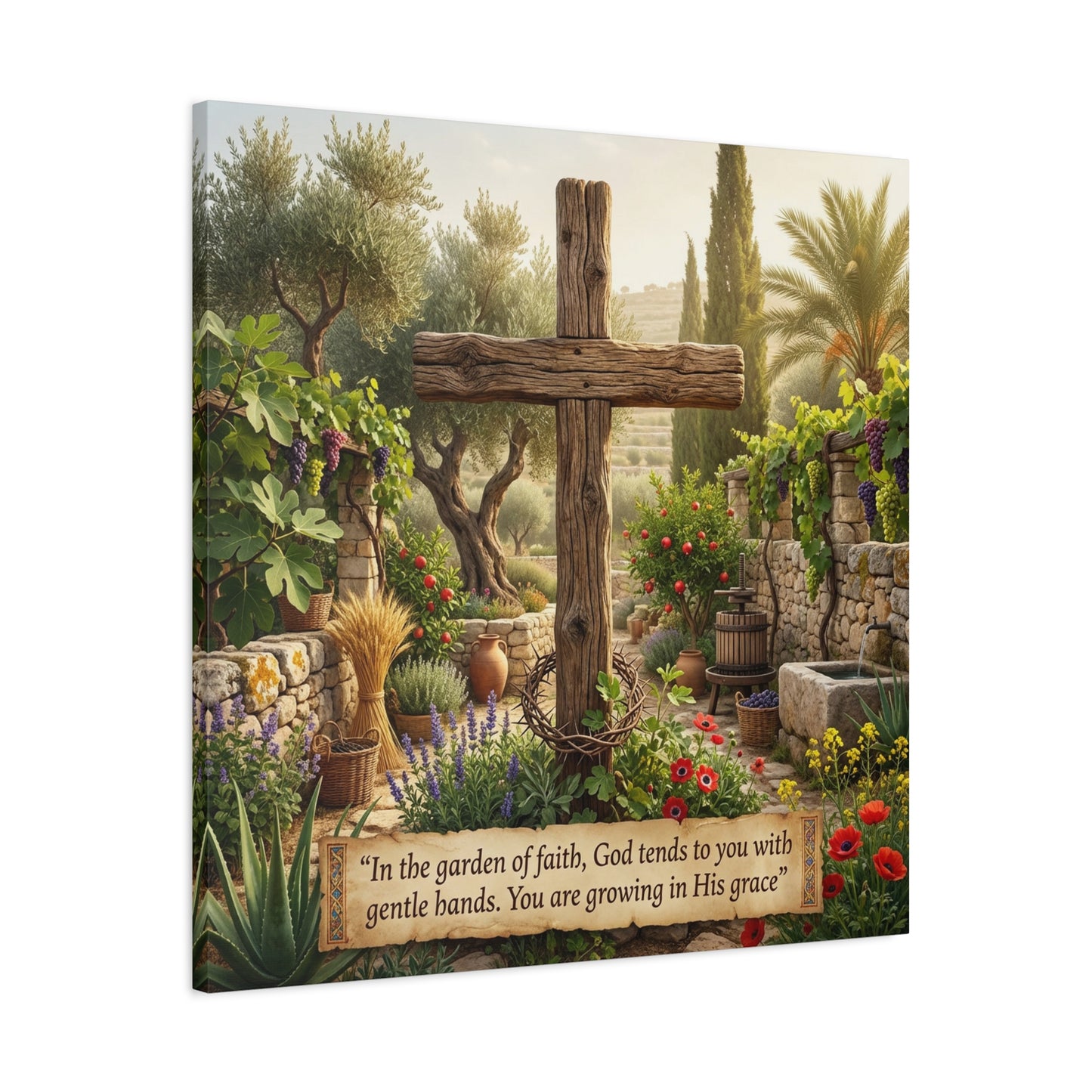 "In The Garden Of Faith, God Tends To You With Gentle Hands. You Are Growing In His Grace" Canvas Wall Art - Rustic Wooden Cross, Christian Garden Scene - Living Room Wall Decor - Ready to Hang
