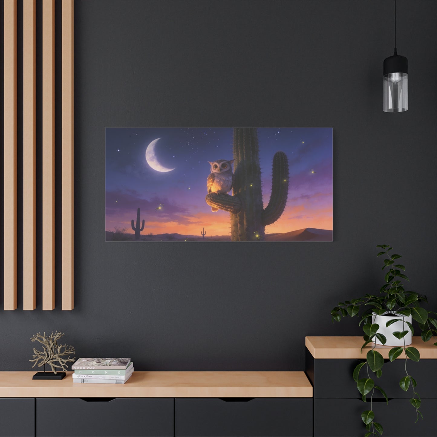 Owl On Saguaro Cactus Canvas Wall Art - Moonlit Desert Night Sky, Fireflies, Twilight Landscape - Matte Cotton Print - Contemporary Wildlife Style - Bedroom Living Room Decor - Living Room Wall Decor