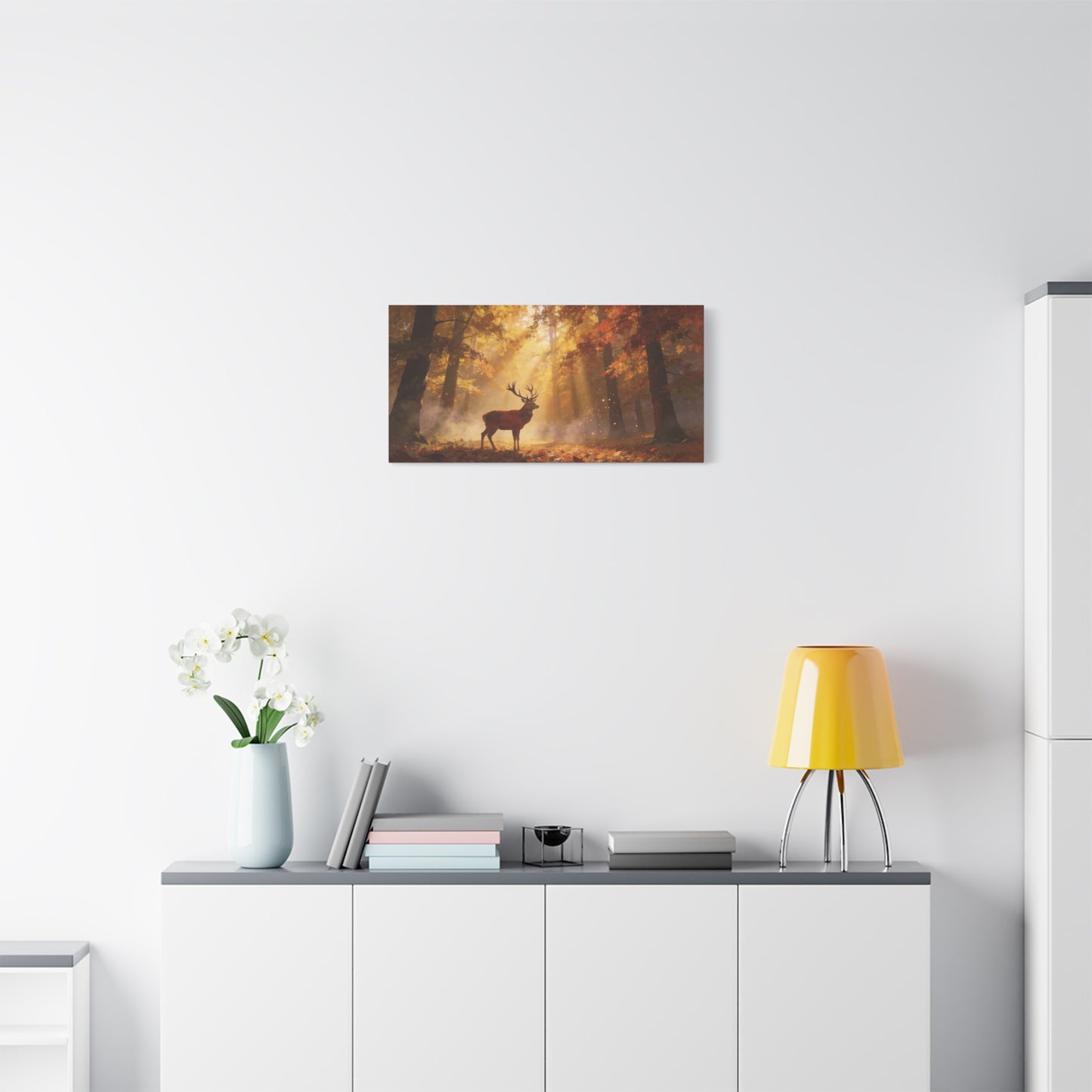 Stag Forest Canvas Wall Art - Golden Sunbeams, Misty Autumn Woodland - Matte Canvas Print - Rustic Nature Style - Living Room Wall Decor, Bedroom Home Decoration, Office Art - Bedroom Home Decoration