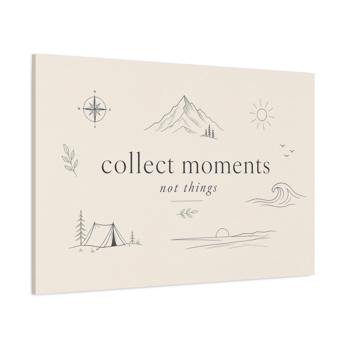 "Collect Moments Not Things" Minimalist Canvas Wall Art - Mountain, Compass, Wave Line Drawing - Neutral Typography Print - Boho Modern Wall Decor For Living Room, Bedroom, Office Accent