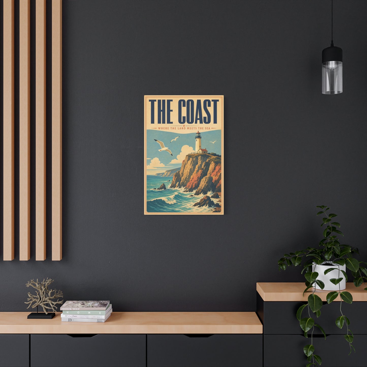 "The Coast Where The Land Meets The Sea" Canvas Wall Art - Vintage Lighthouse Seascape, Coastal Cliff Poster Style Print - Nautical Wall Decor, Beach House Living Room Decoration - Ready to Hang