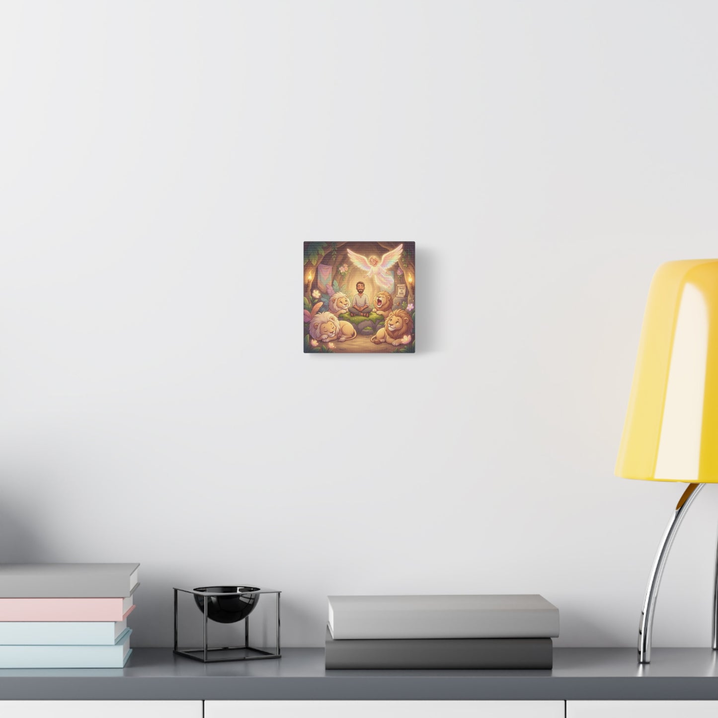 "Trust In God" Christian Canvas Wall Art - Angel, Man With Lions Cave Scene - Pastel Nursery Decor, Matte Cotton Print - Kids Bedroom Wall Decor, Playroom Home Decoration - Ready to Hang