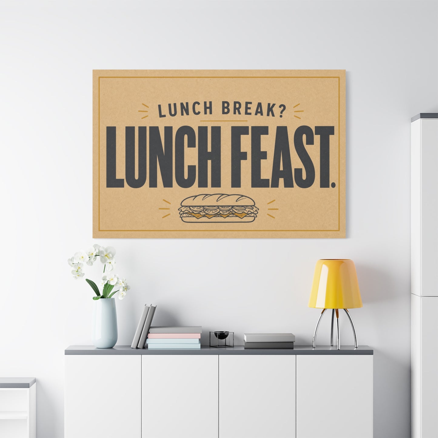 "Lunch Break Lunch Feast." Typography Canvas Wall Art - Vintage Humor Decor - Retro Deli Sandwich Illustration - Farmhouse Accent - Office Breakroom Wall Hanging - Ready to Hang - Sandwich Shop Sign