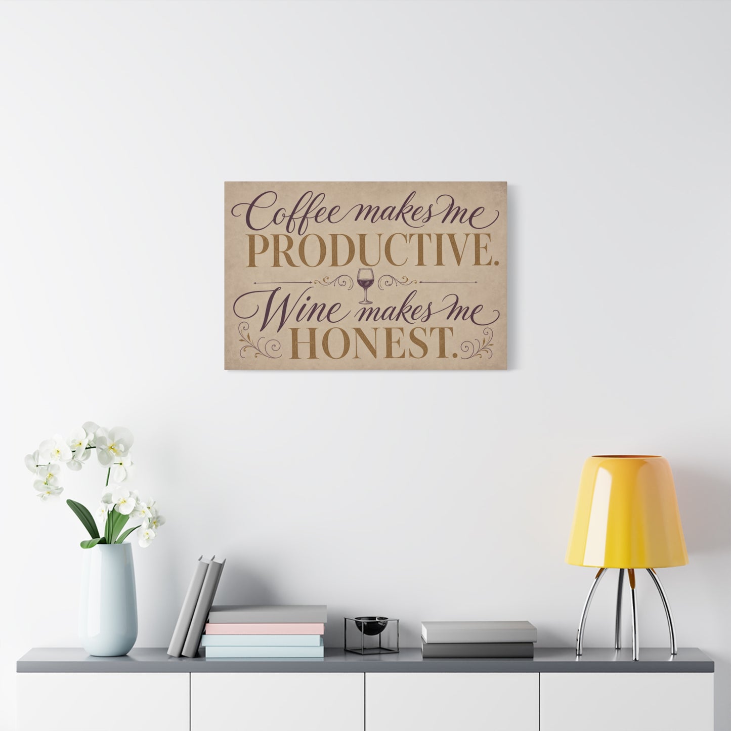 "Coffee Makes Me Productive. Wine Makes Me Honest." Canvas Wall Art - Vintage Typography Decor - Rustic Neutral Quote Print - Bar Cart Accent - Office Wall Art - Coffee Shop Decor - Espresso Bar Sign