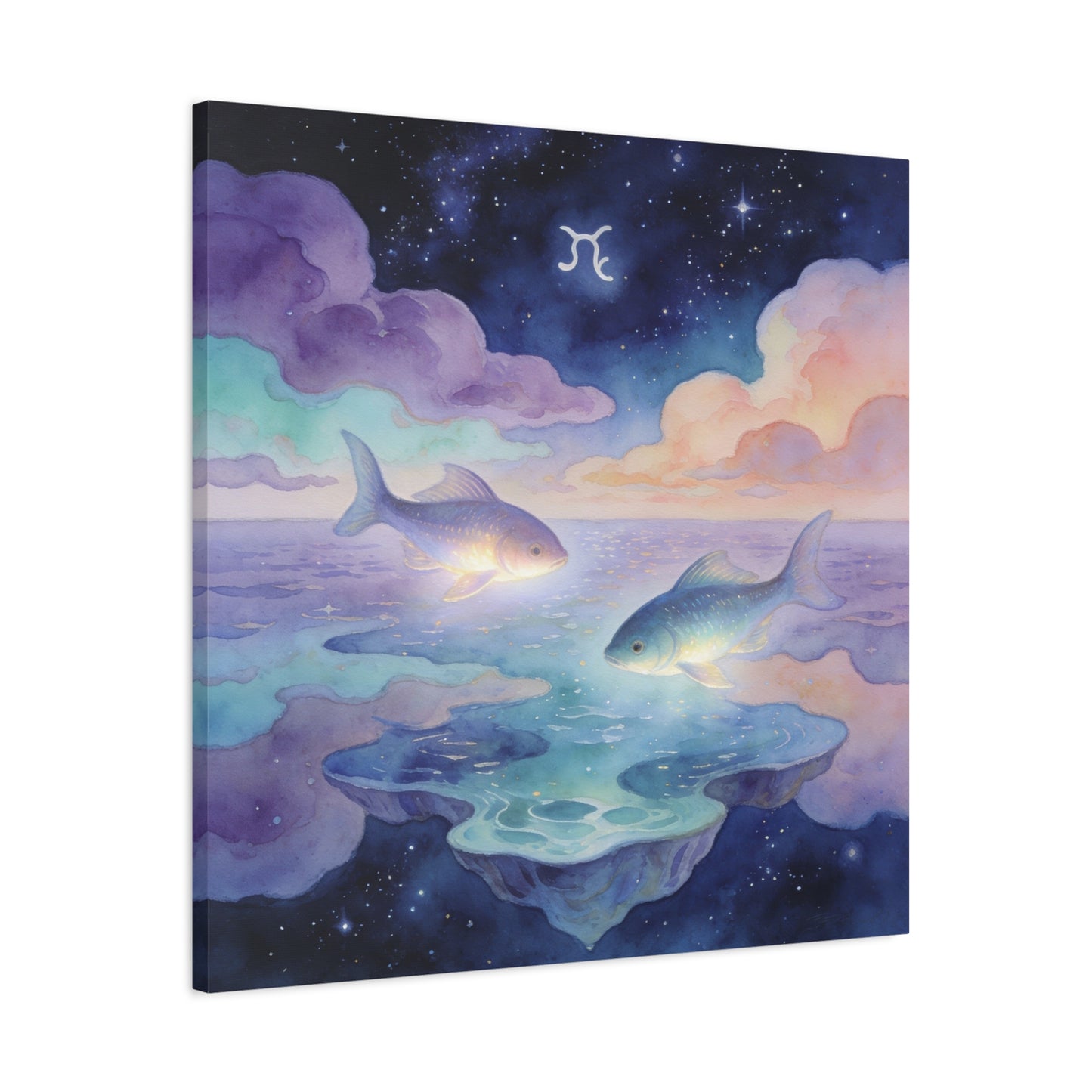 Pisces Zodiac Canvas Wall Art - Celestial Fish Over Dreamlike Sea, Watercolor Illustration - Mystical Night Sky, Matte Canvas Print - Bedroom Wall Decor, Meditation Space Accent - Ready to Hang