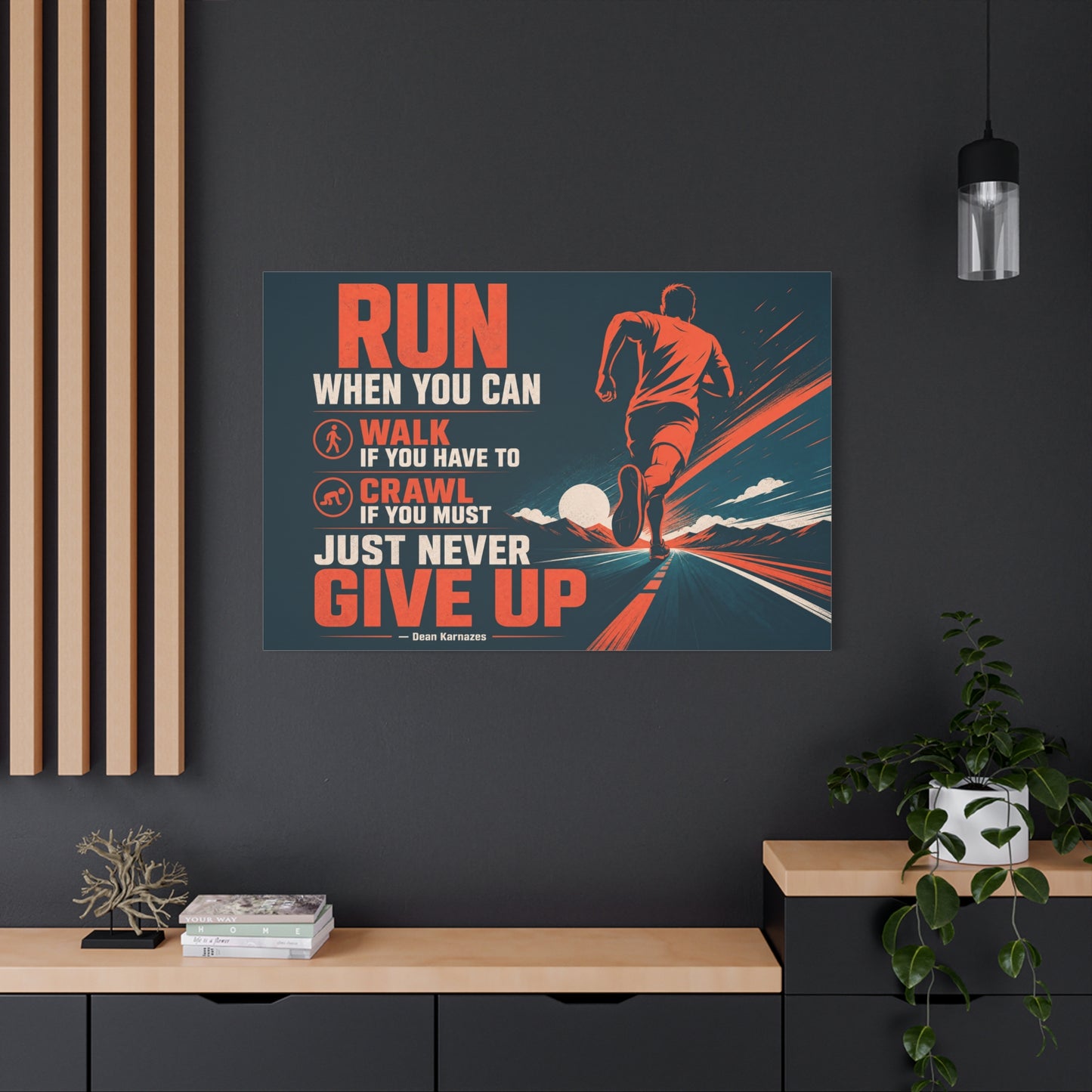 "Run When Able Walk If Needed Crawl If Required Just Never Give Up" Motivational Canvas Wall Art - Runner Road Quote Print, Retro Typography, Gym Wall Hanging - Ready to Hang - Fitness Studio Art