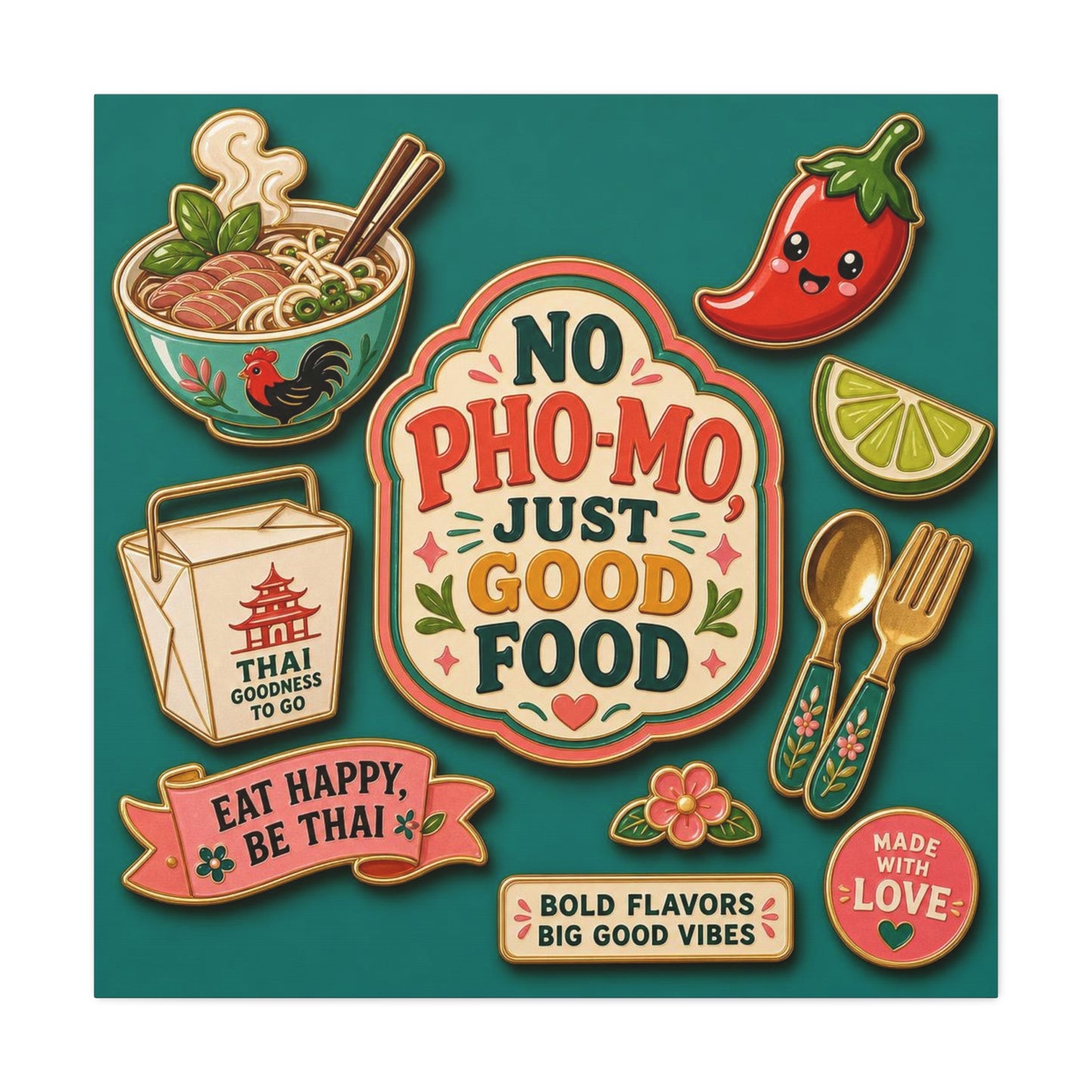 "No Pho-Mo Just Good Food" Canvas Wall Art - Thai Food Quote Kitchen Decor - Colorful Illustration Print, Retro Typography Style - Dining Room Accent, Cafe Wall Decor - Bedroom Home Decoration