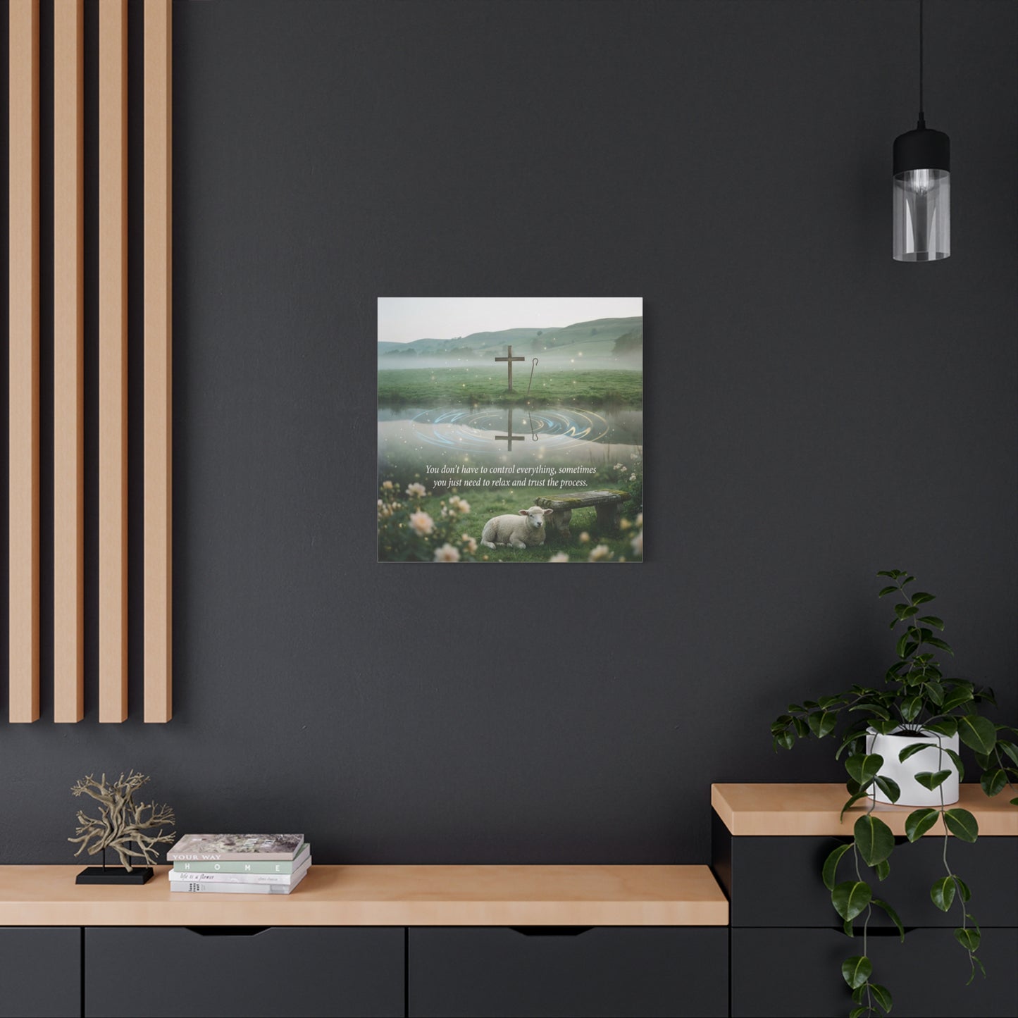 "You Don’t Have To Control Everything, Sometimes You Just Need To Relax And Trust The Process" Canvas Wall Art - Christian Cross, Lamb Meadow Scene - Inspirational Farmhouse Decor - Office Wall Art