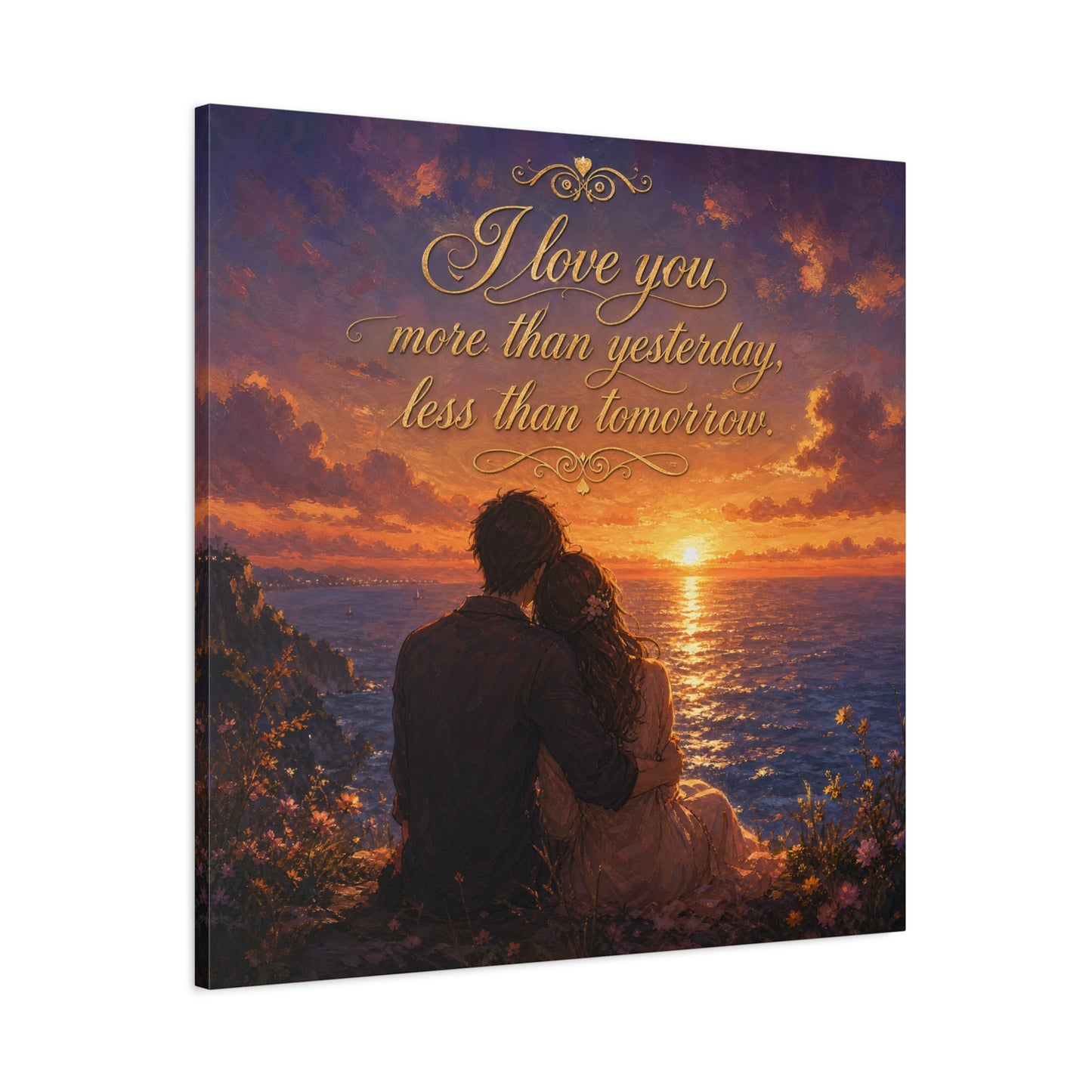 "I Love You More Than Yesterday, Less Than Tomorrow." Love Quote Canvas Wall Art - Romantic Sunset Ocean Couple Silhouette - Gold Script Seascape - Bedroom Wall Decor - Ready to Hang - Ready to Hang