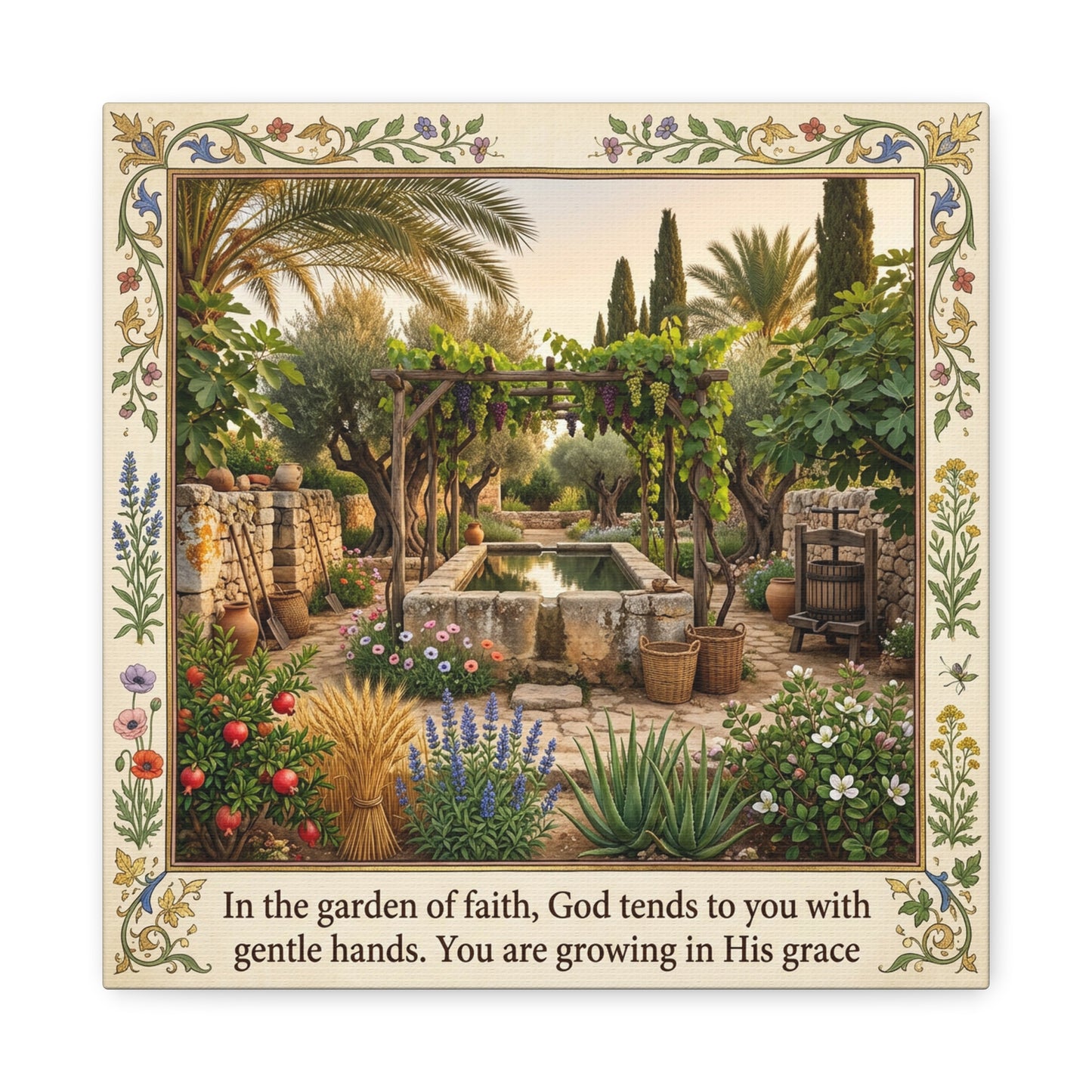 "In The Garden Of Faith, God Tends To You" Canvas Wall Art - Biblical Garden Scripture Print, Floral Border, Rustic Mediterranean Courtyard Scene - Christian Home Decor For Living Room - Ready to Hang