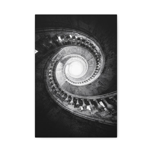 Spiral Staircase Canvas Wall Art - Black And White Architectural Art Print - Dramatic Stone Rotunda, Contemporary Interior Decor - Living Room Wall Decor, Office Art - Bedroom Home Decoration