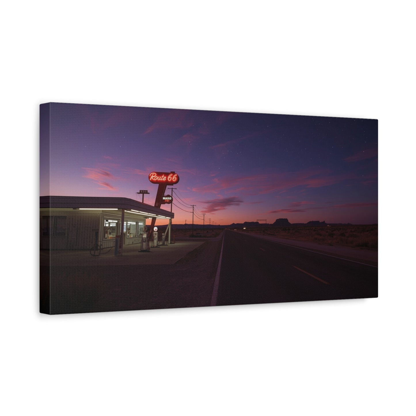 "Route 66" Desert Gas Station Canvas Wall Art - Twilight Roadside Art Print - Purple Pink Sunset Sky, Retro Americana Style - Living Room Wall Decor, Office Art - Bedroom Home Decoration