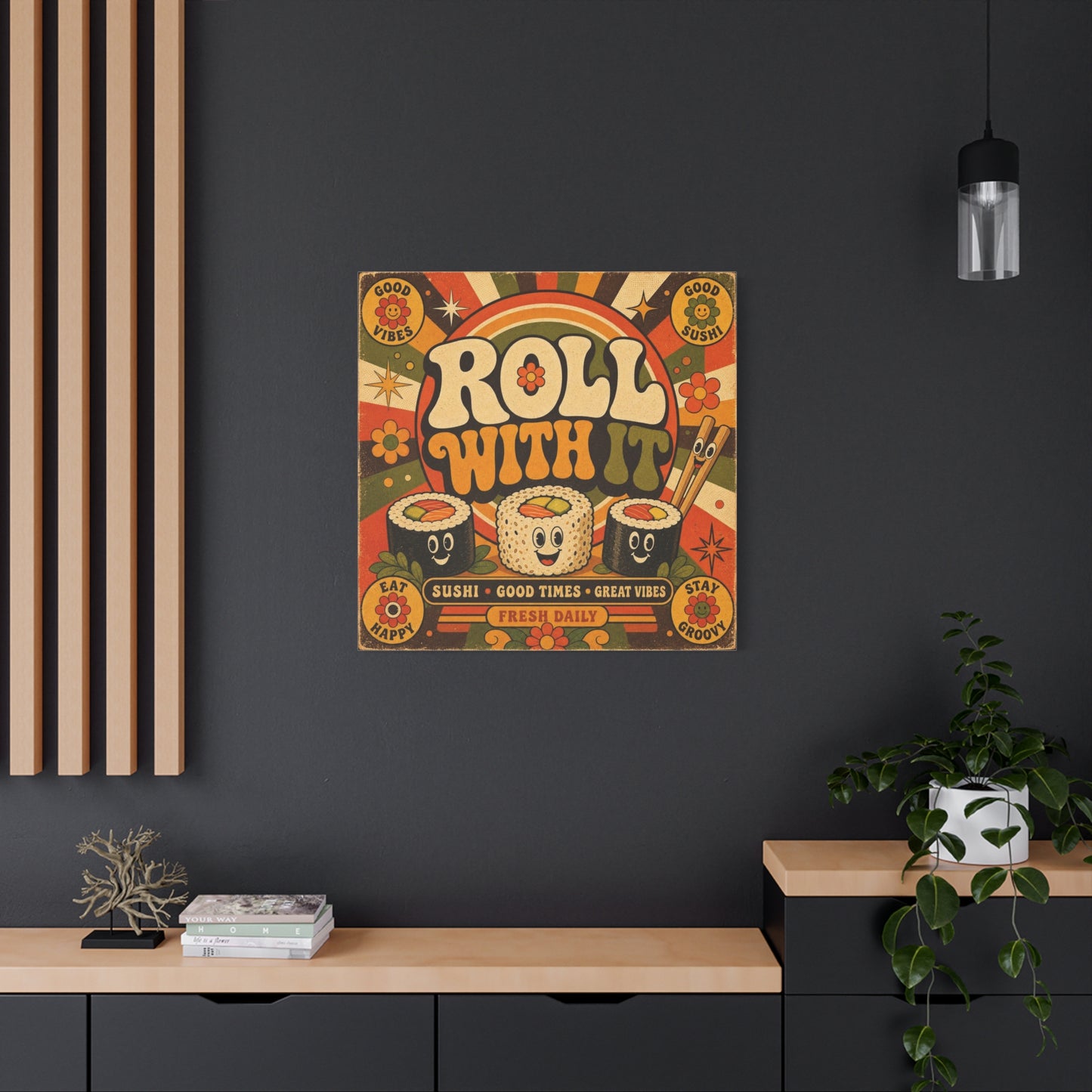 "Roll With It" Sushi Canvas Wall Art - Retro Typography Food Illustration, Groovy Orange Green Bohemian Print, Cafe Wall Decor, Kitchen Room Decoration, Vintage Poster Style - Bedroom Home Decoration
