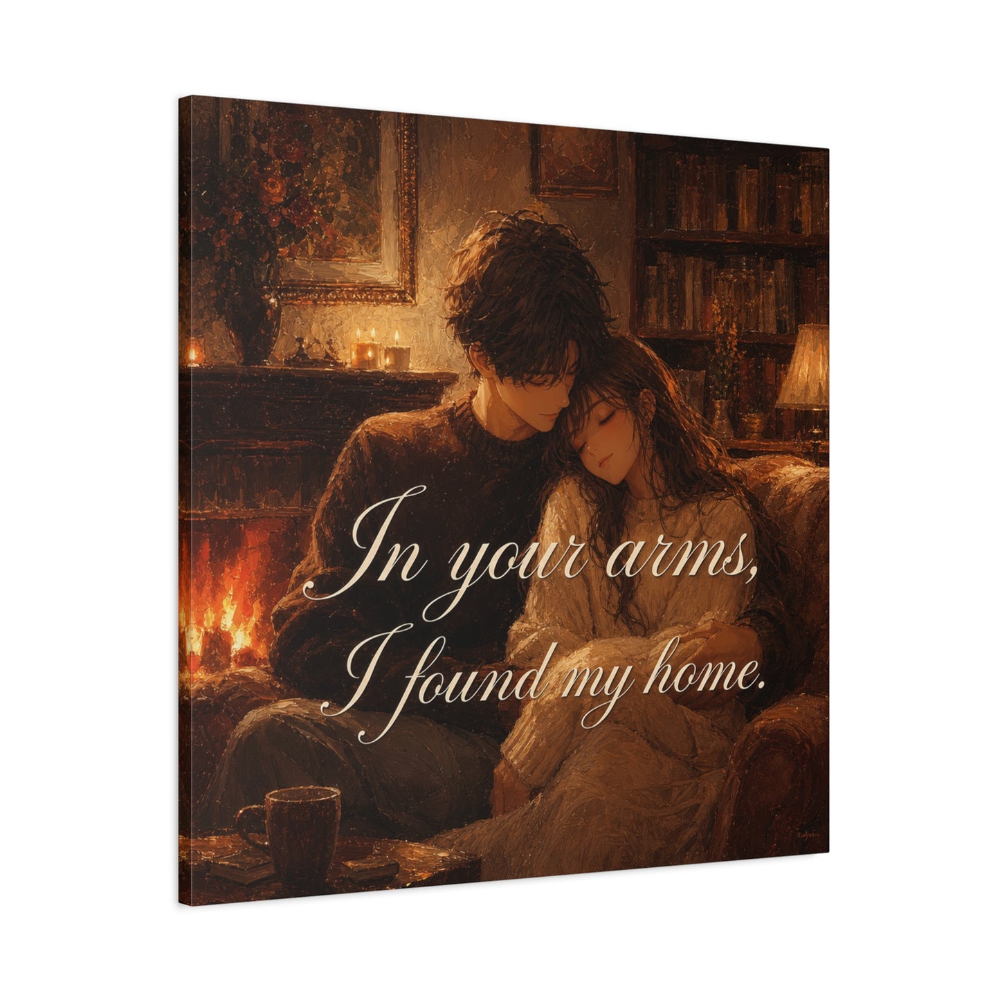 "In Your Arms, I Found My Home" Romantic Couple Canvas Wall Art - Cozy Fireplace Library Scene, Warm Vintage Style - Bedroom Home Decoration, Living Room Accent - Ready to Hang - Office Wall Art