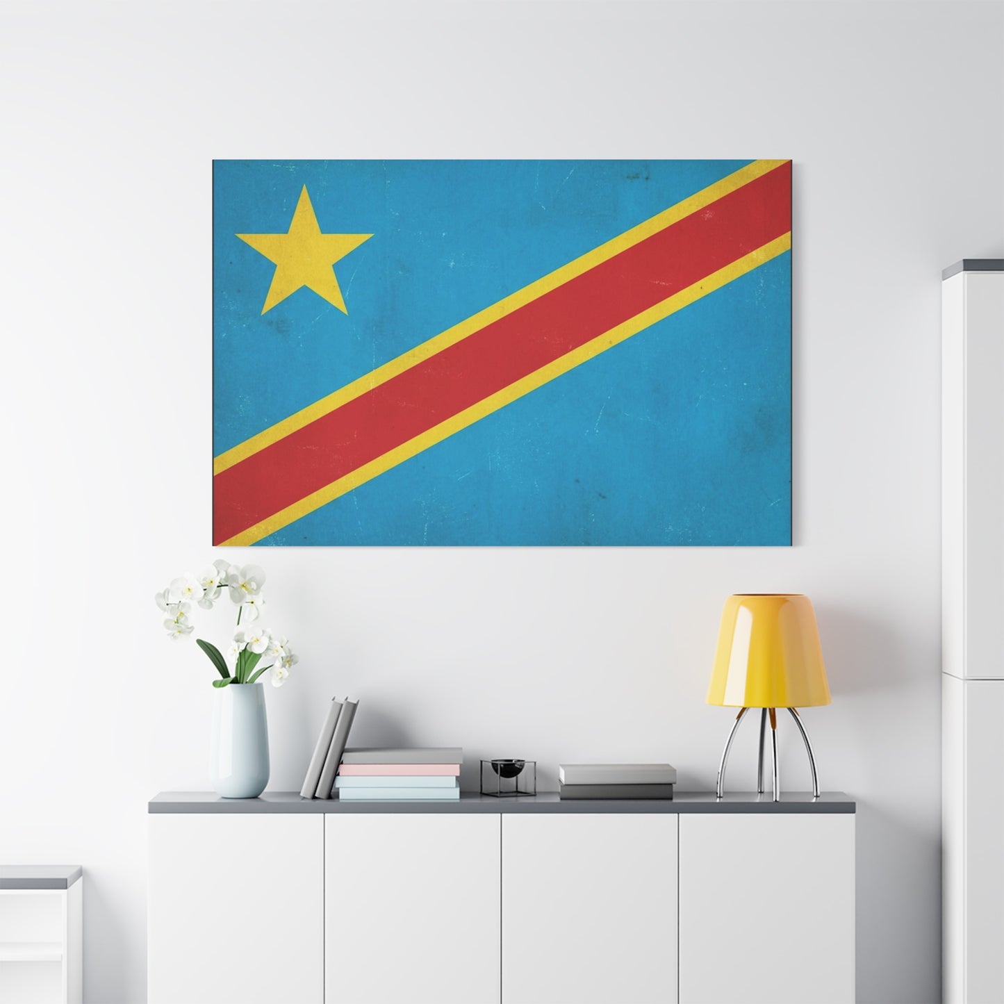 Democratic Republic Of The Congo Flag Canvas Wall Art - Vintage Patriotic Country Print, Distressed Blue Red Yellow Design - Cultural Pride Decor - Living Room Bedroom Office Accent - Office Wall Art
