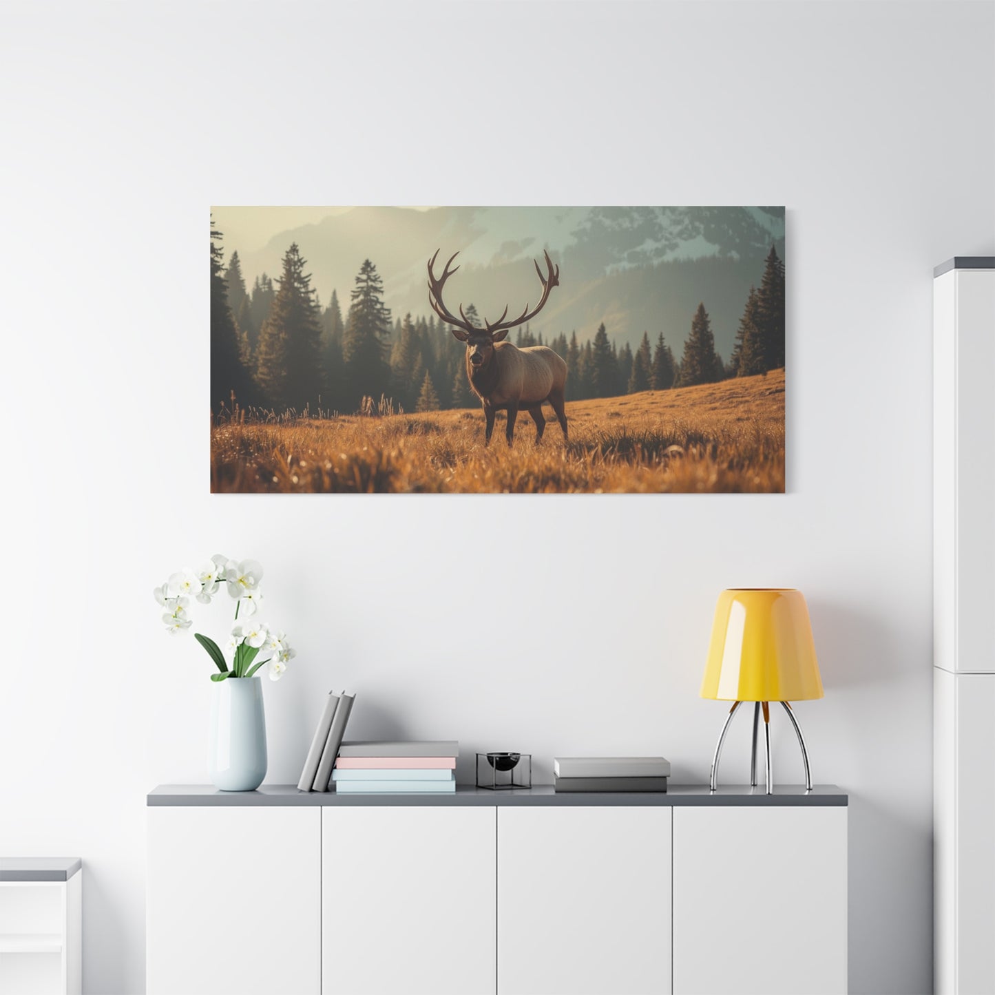 Bull Elk Canvas Wall Art - Mountain Meadow Wildlife Landscape, Golden Light Cotton Print - Rustic Nature Style, Living Room Wall Decor, Lodge Bedroom Home Decoration - Bedroom Home Decoration