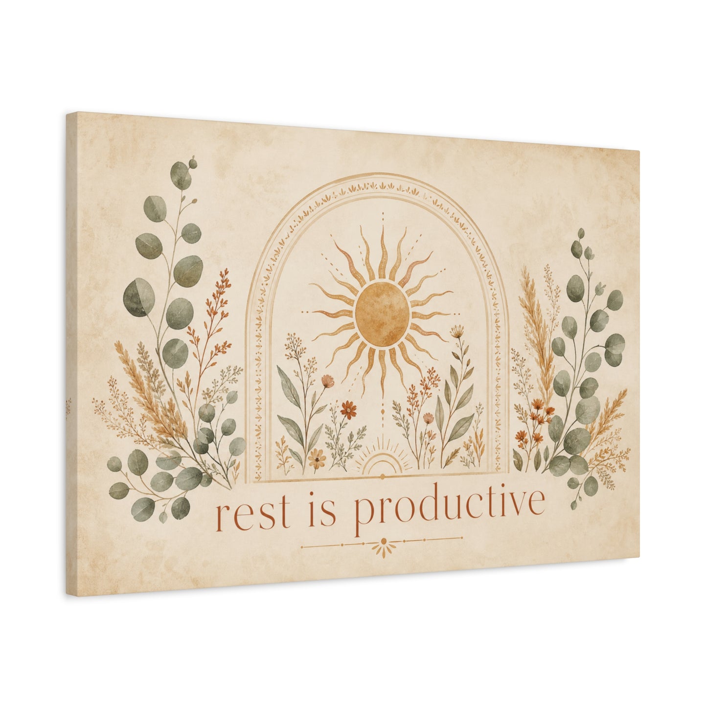 "Rest Is Productive" Inspirational Canvas Wall Art - Boho Sun And Botanical Arch Print - Neutral Typography Decor - Bedroom Living Room Decoration - Office Wall Art - Bedroom Home Decoration