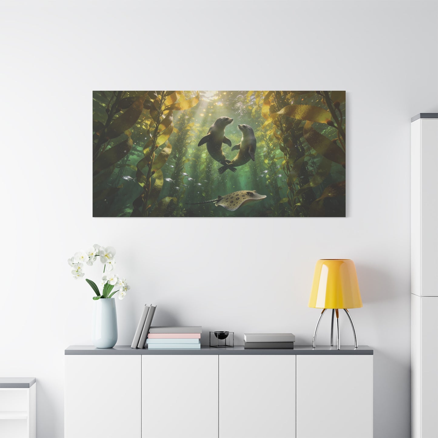 Sea Lion Kelp Forest Canvas Wall Art - Underwater Ocean Wildlife Print, Sunbeam Marine Scene, Matte Cotton Decor - Coastal Style Living Room Wall Decor, Bedroom Home Decoration - Cozy Reading Nook Art