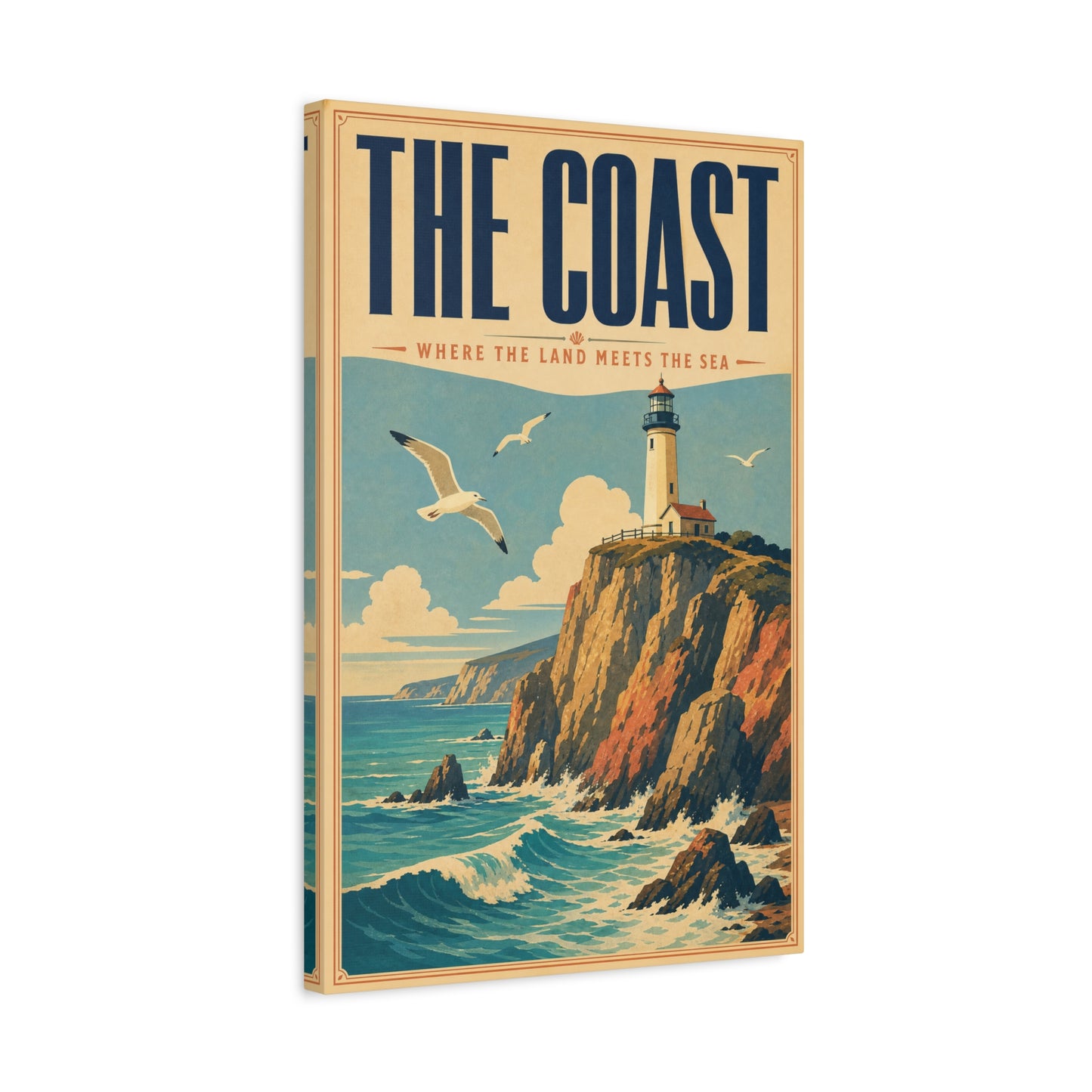 "The Coast Where The Land Meets The Sea" Canvas Wall Art - Vintage Lighthouse Seascape, Coastal Cliff Poster Style Print - Nautical Wall Decor, Beach House Living Room Decoration - Ready to Hang