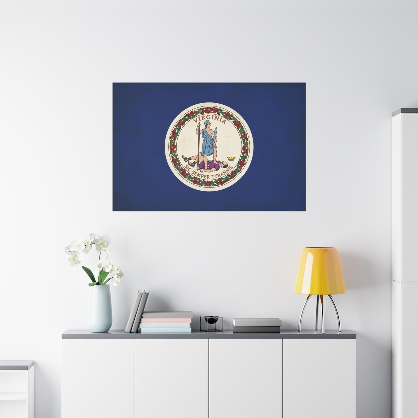 "Virginia" "Sic Semper Tyrannis" State Flag Canvas Wall Art - Vintage Commonwealth Seal Print, Blue Banner Decor, Patriotic Heritage Style, Living Room Wall Decor, Office Accent - Ready to Hang