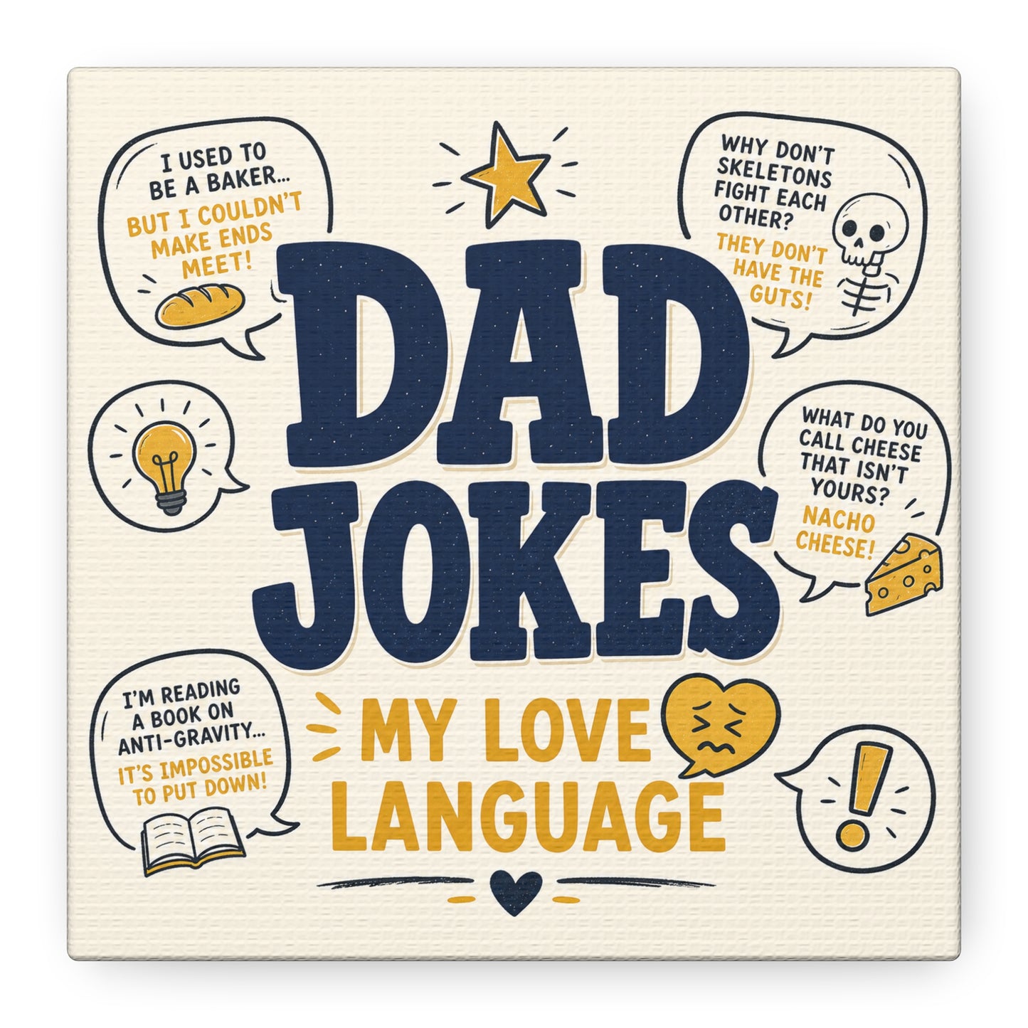 "Dad Jokes My Love Language" Funny Quote Canvas Wall Art - Pun Typography Print, Retro Humor Decor, Home Office Wall Decor, Man Cave Decoration, Novelty Room Accent - Ready to Hang - Ready to Hang